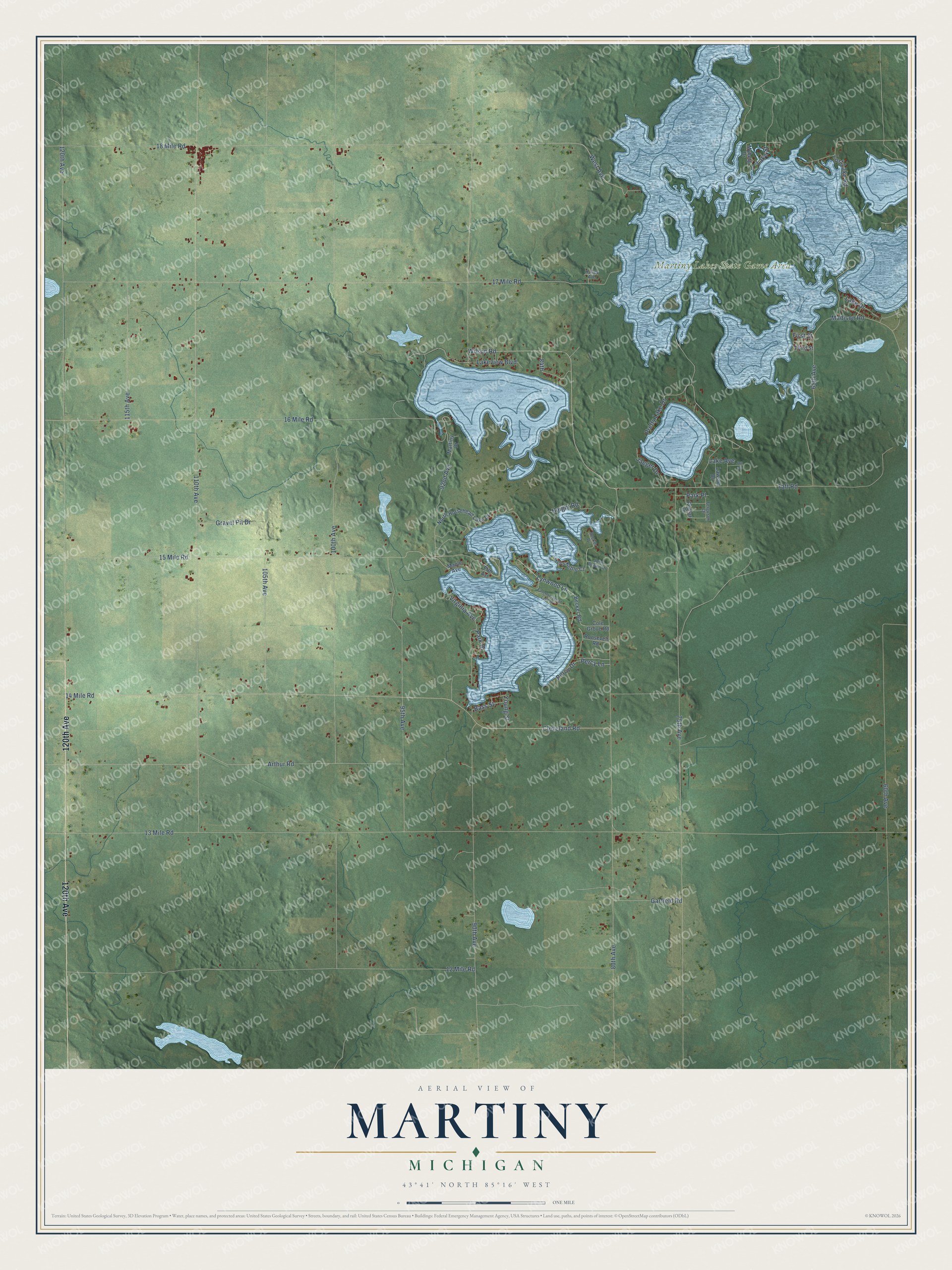 Full map of Martiny, Michigan, with red buildings, printed street names and the land around them