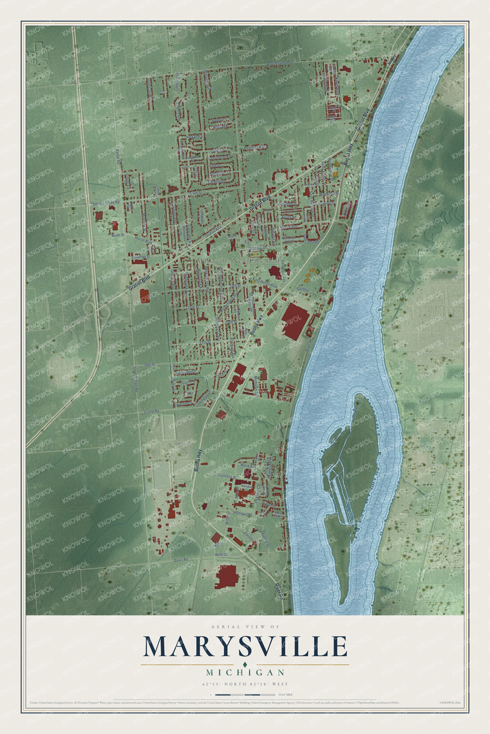 Full map of Marysville, Michigan, with red buildings, printed street names and the land around them