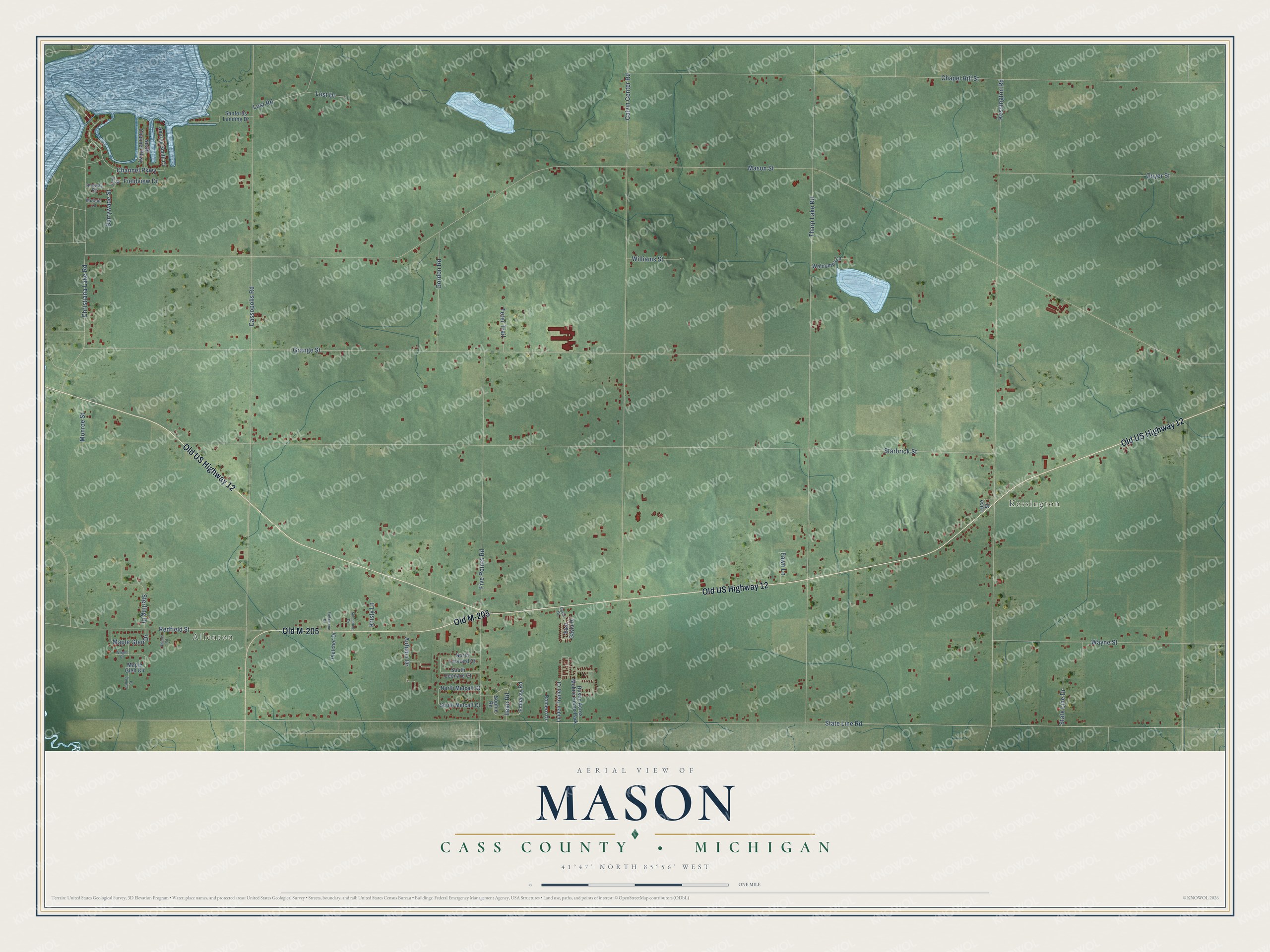Full map of Mason, Michigan, with red buildings, printed street names and the land around them