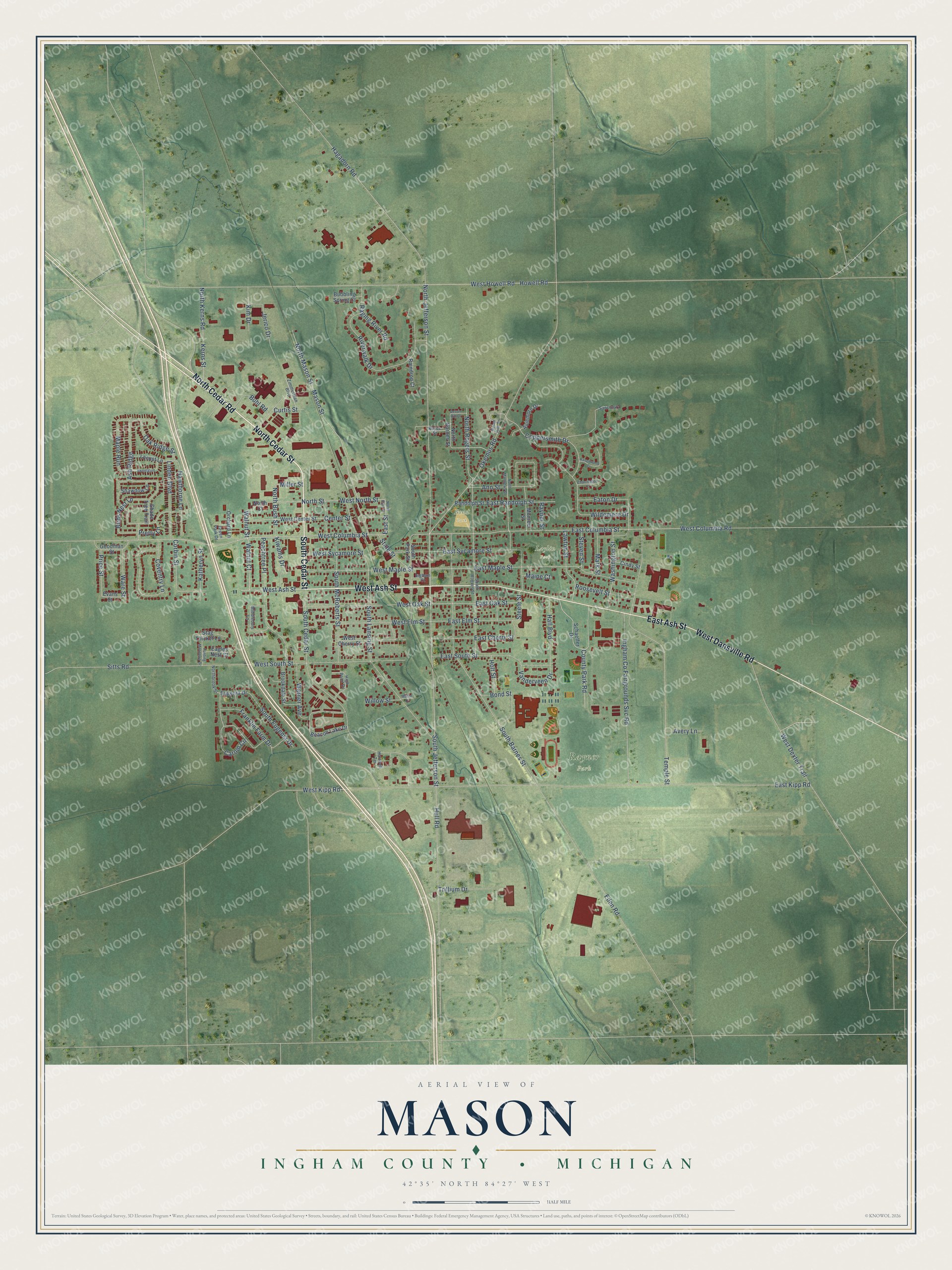 Full map of Mason, Michigan, with red buildings, printed street names and the land around them