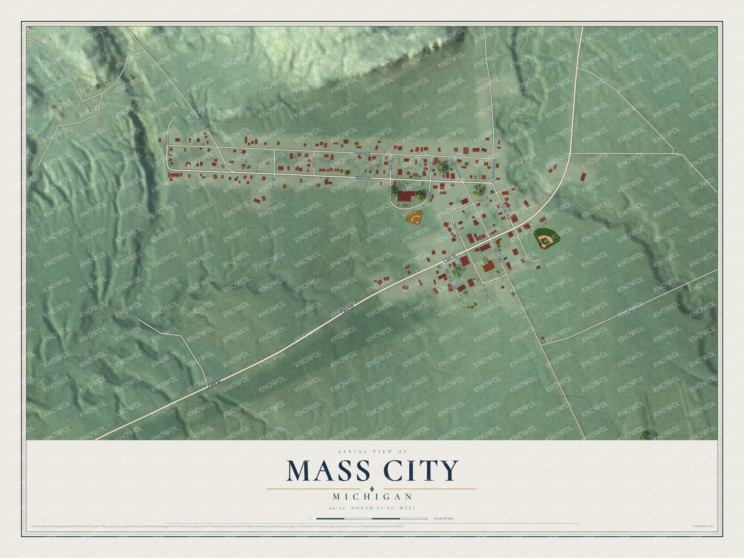 Full map of Mass City, Michigan, with red buildings, printed street names and the land around them