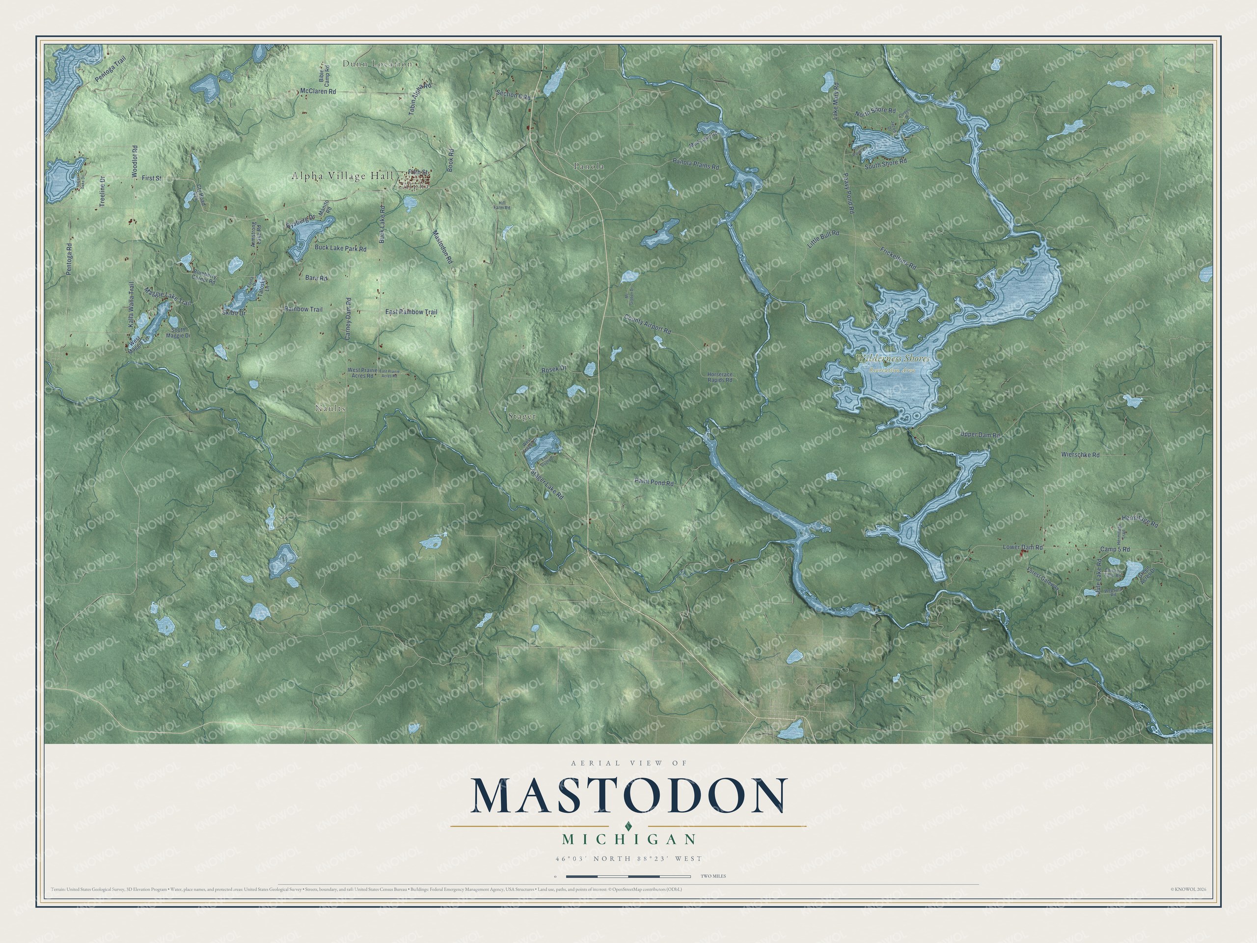 Full map of Mastodon, Michigan, with red buildings, printed street names and the land around them