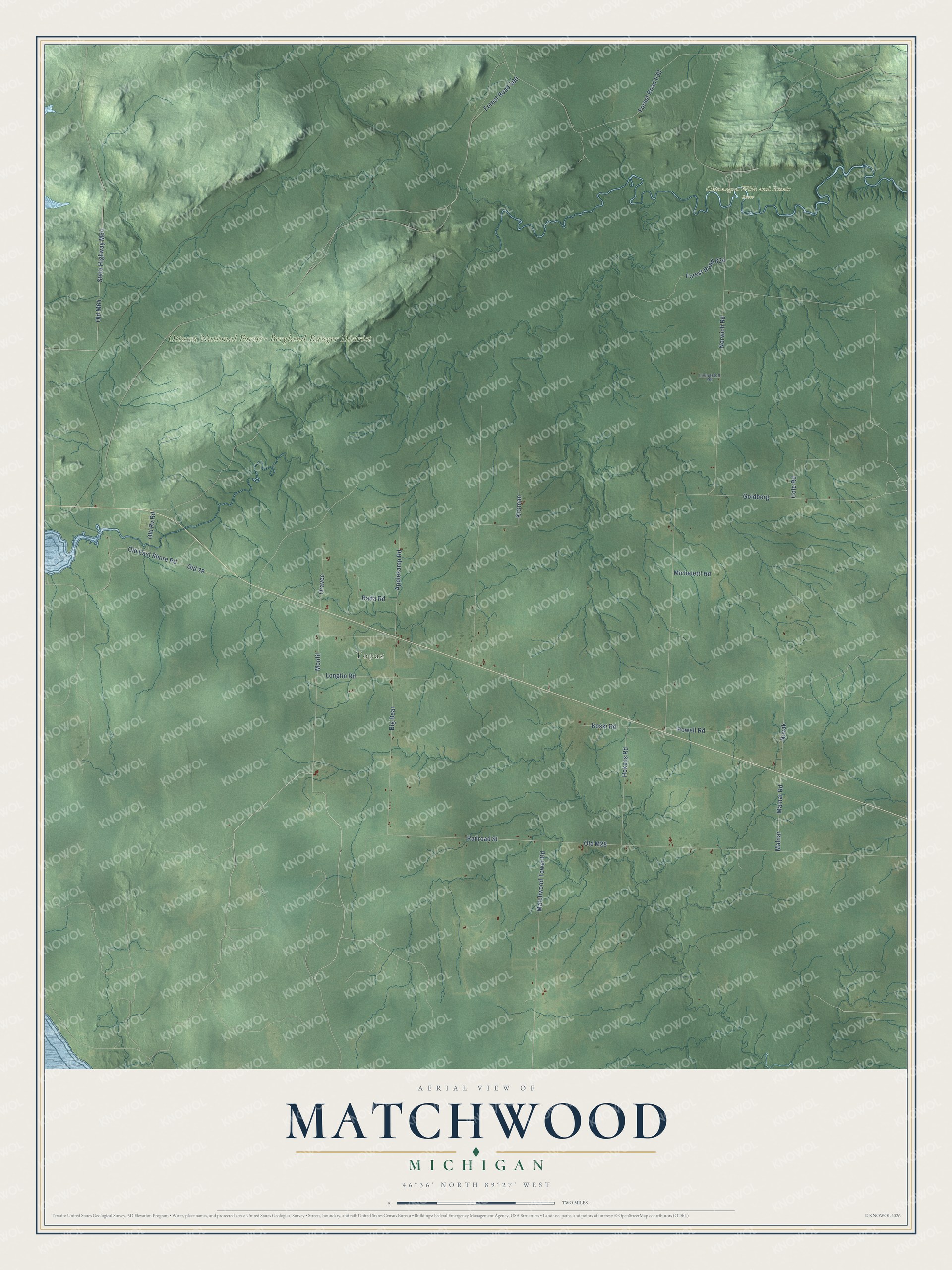 Full map of Matchwood, Michigan, with red buildings, printed street names and the land around them