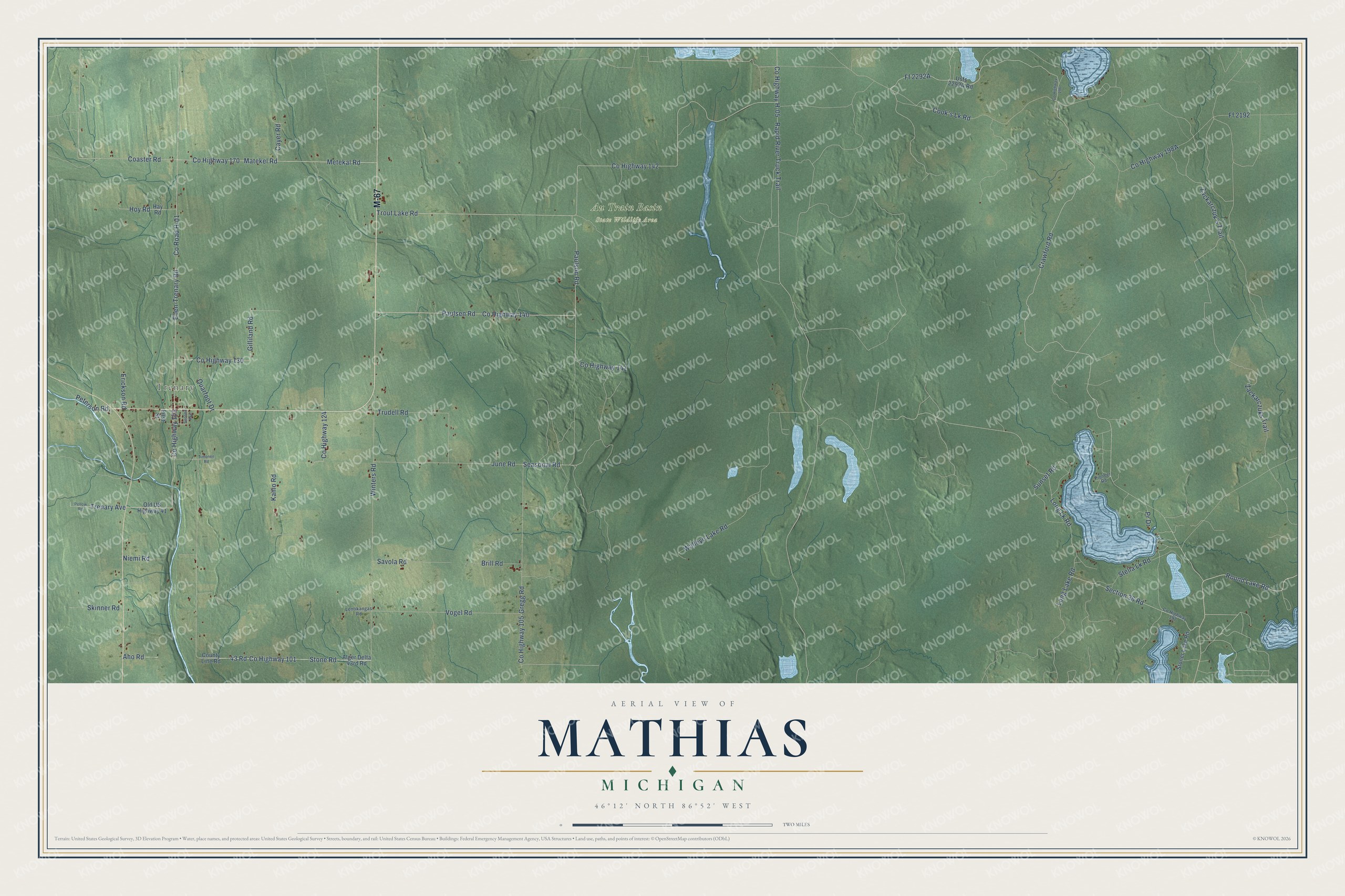 Full map of Mathias, Michigan, with red buildings, printed street names and the land around them