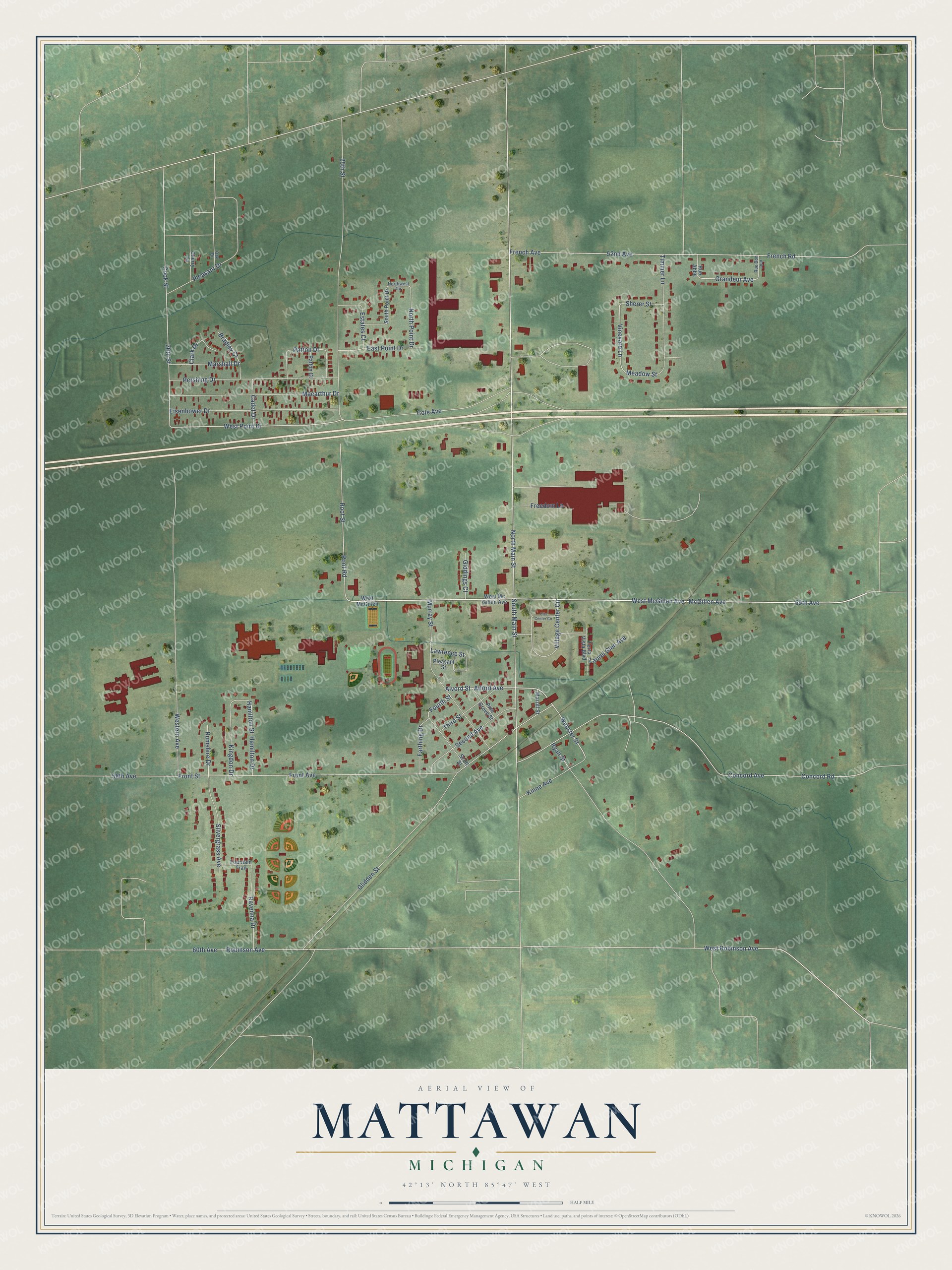 Full map of Mattawan, Michigan, with red buildings, printed street names and the land around them