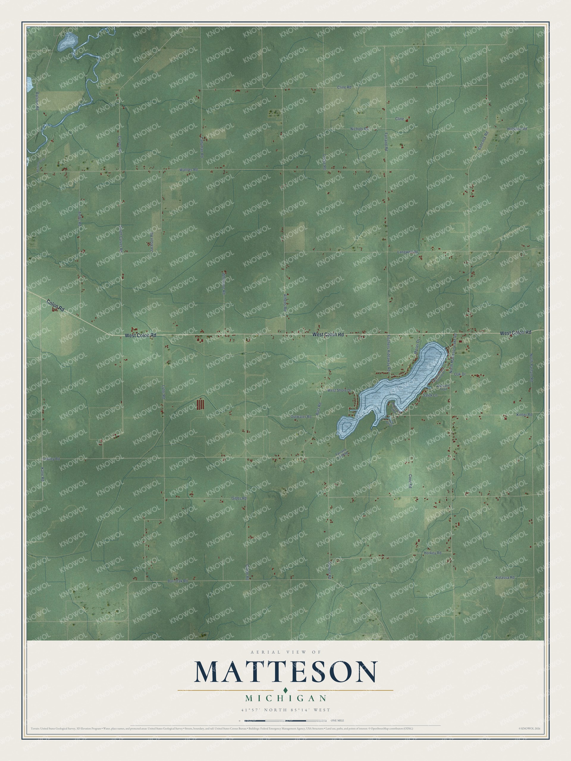 Full map of Matteson, Michigan, with red buildings, printed street names and the land around them