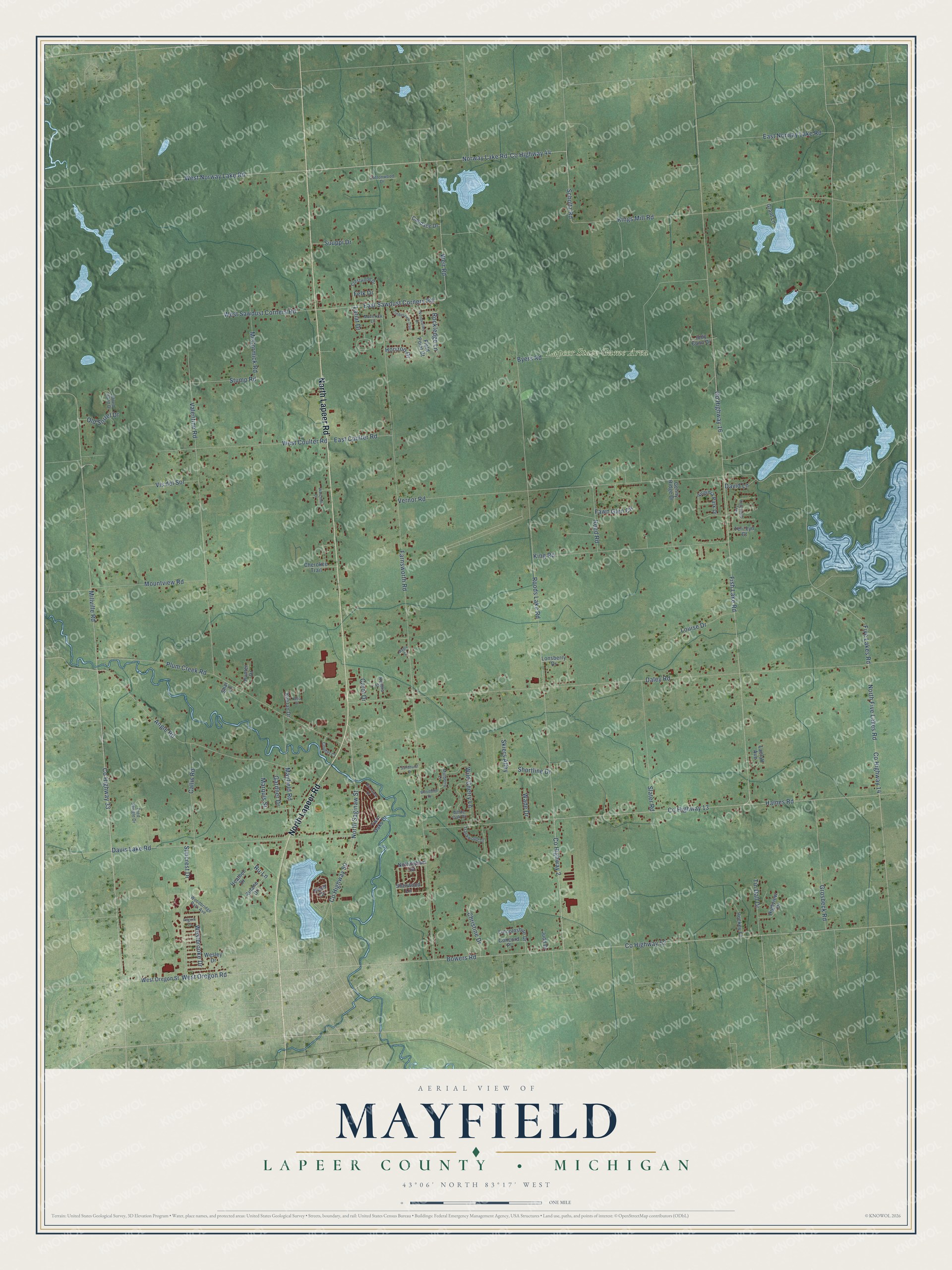 Full map of Mayfield, Michigan, with red buildings, printed street names and the land around them