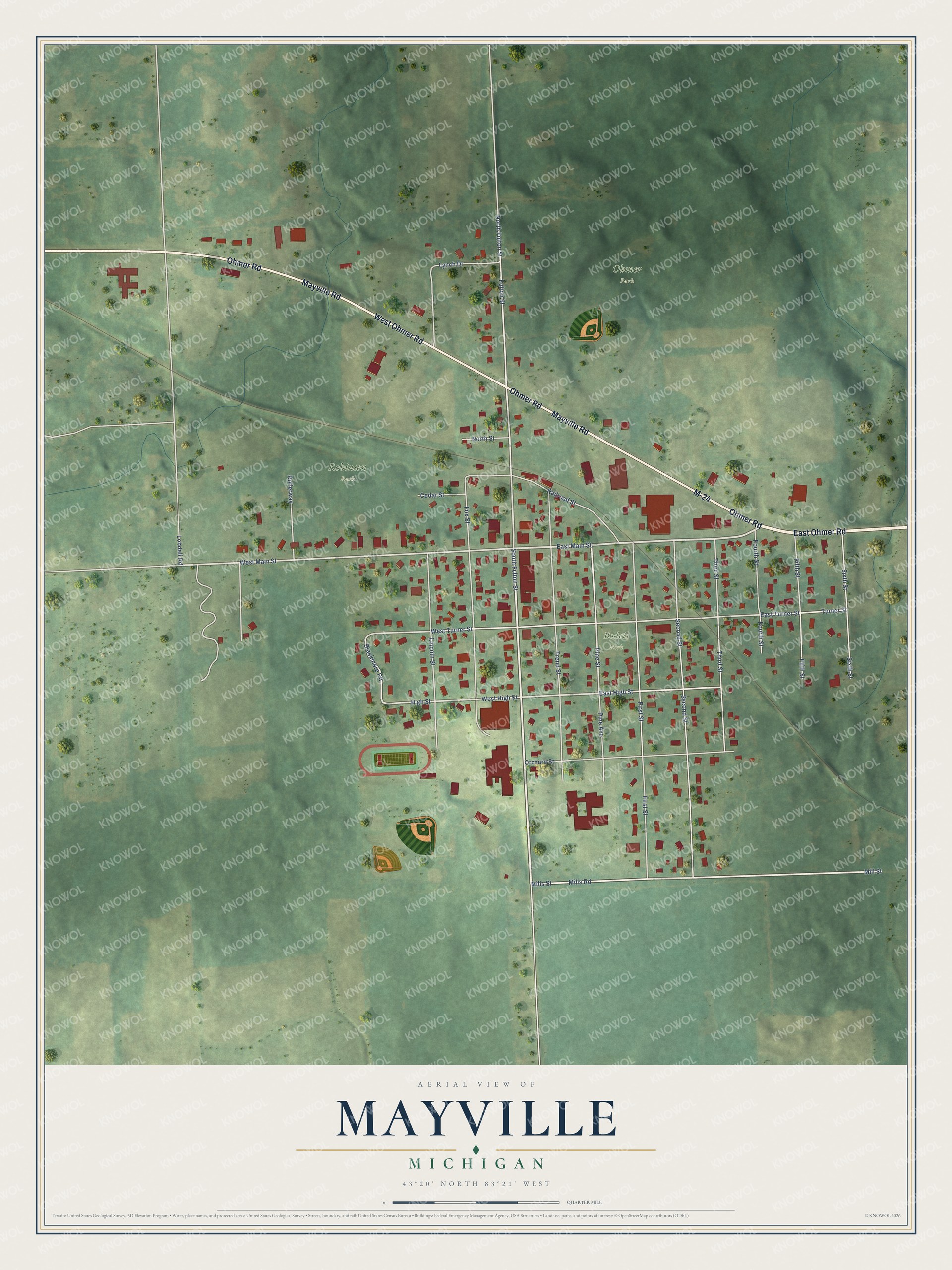Full map of Mayville, Michigan, with red buildings, printed street names and the land around them