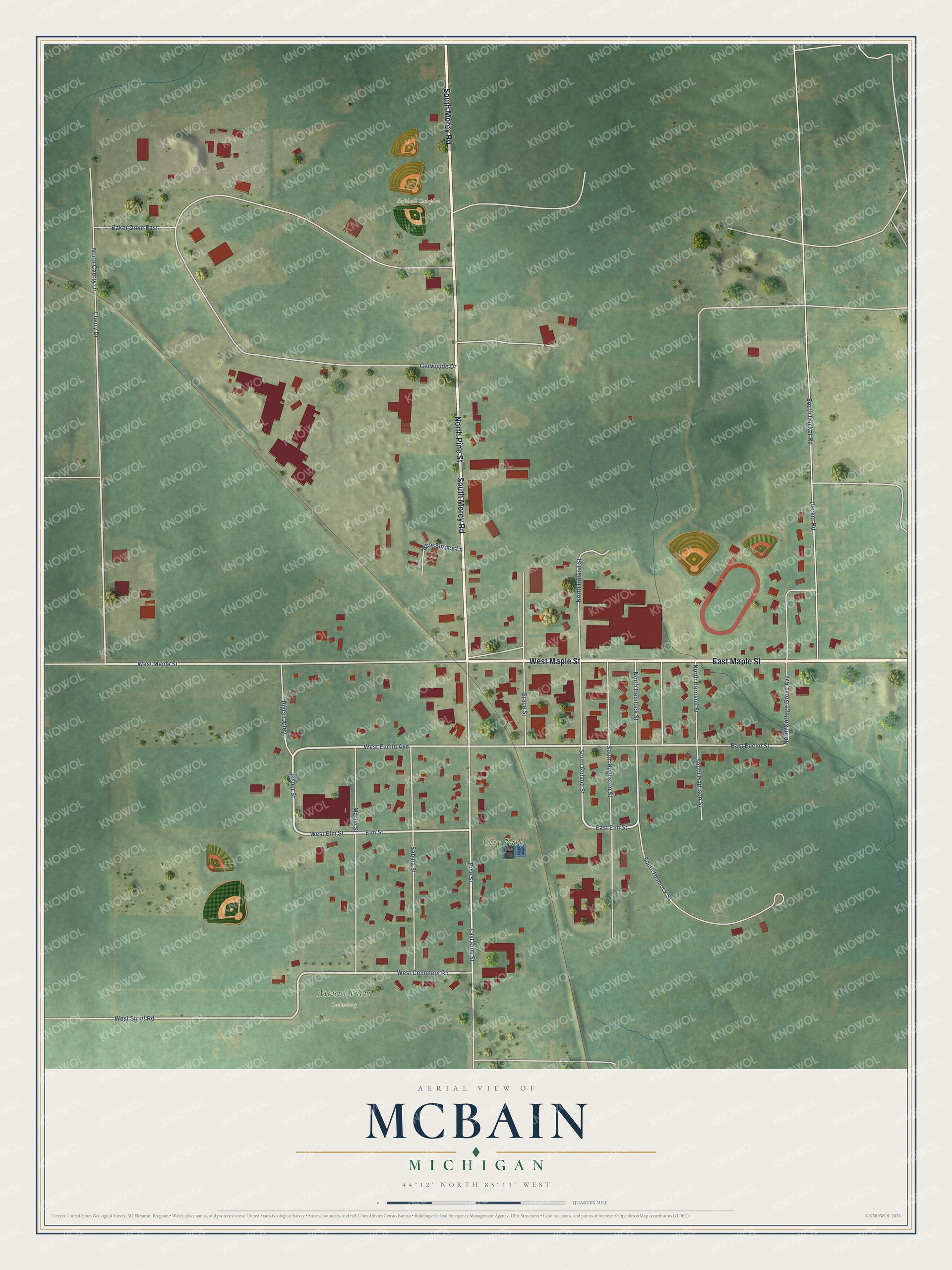 Full map of McBain, Michigan, with red buildings, printed street names and the land around them
