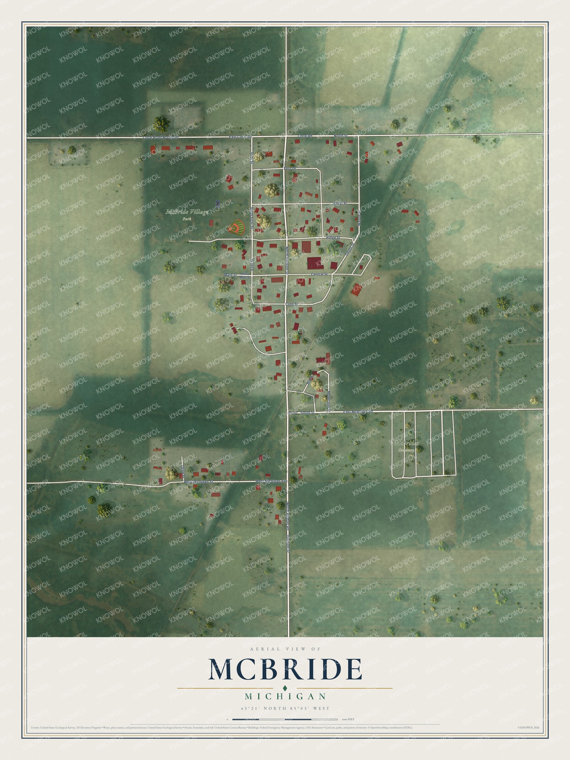 Full map of McBride, Michigan, with red buildings, printed street names and the land around them