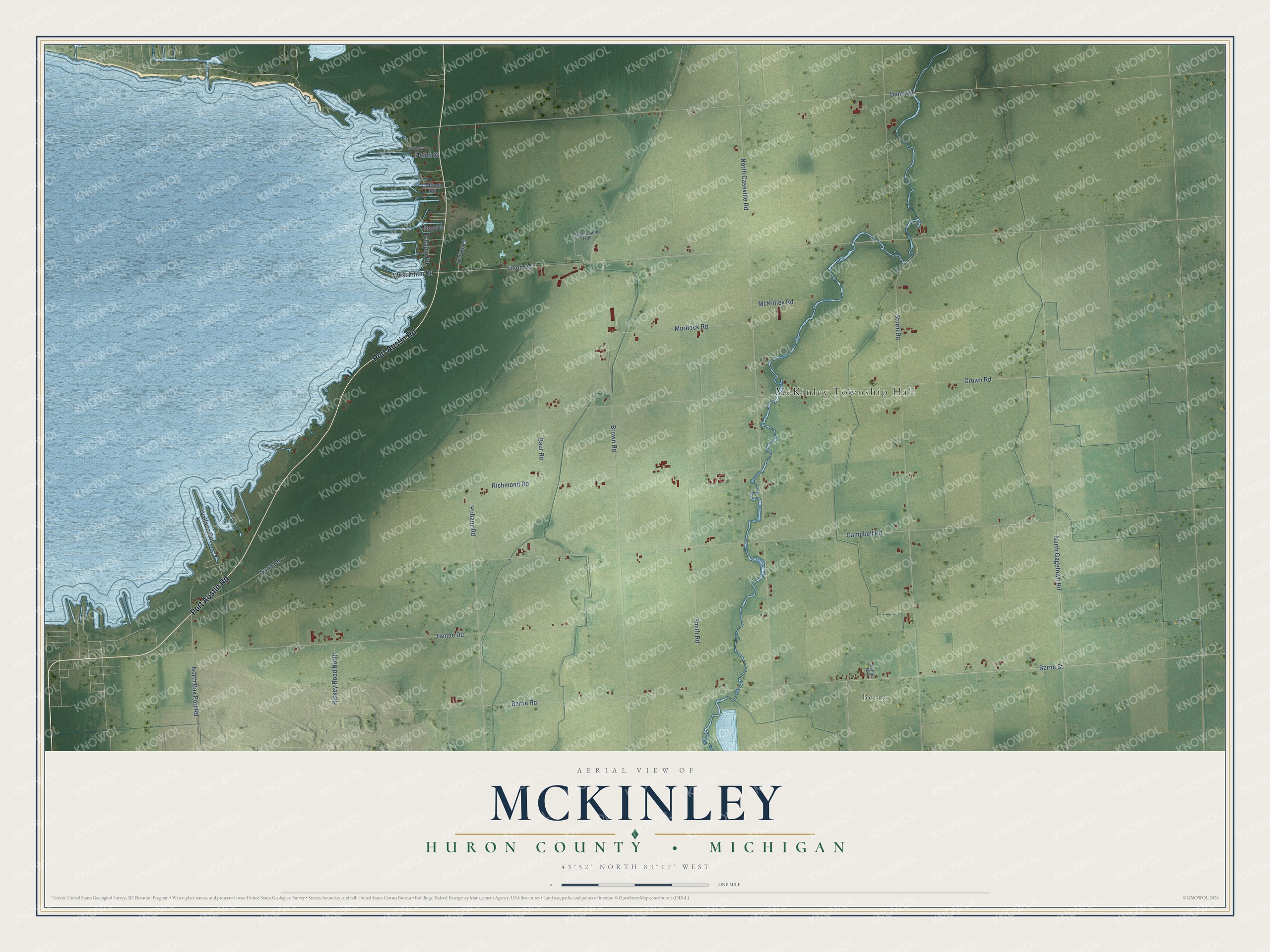 Full map of McKinley, Michigan, with red buildings, printed street names and the land around them