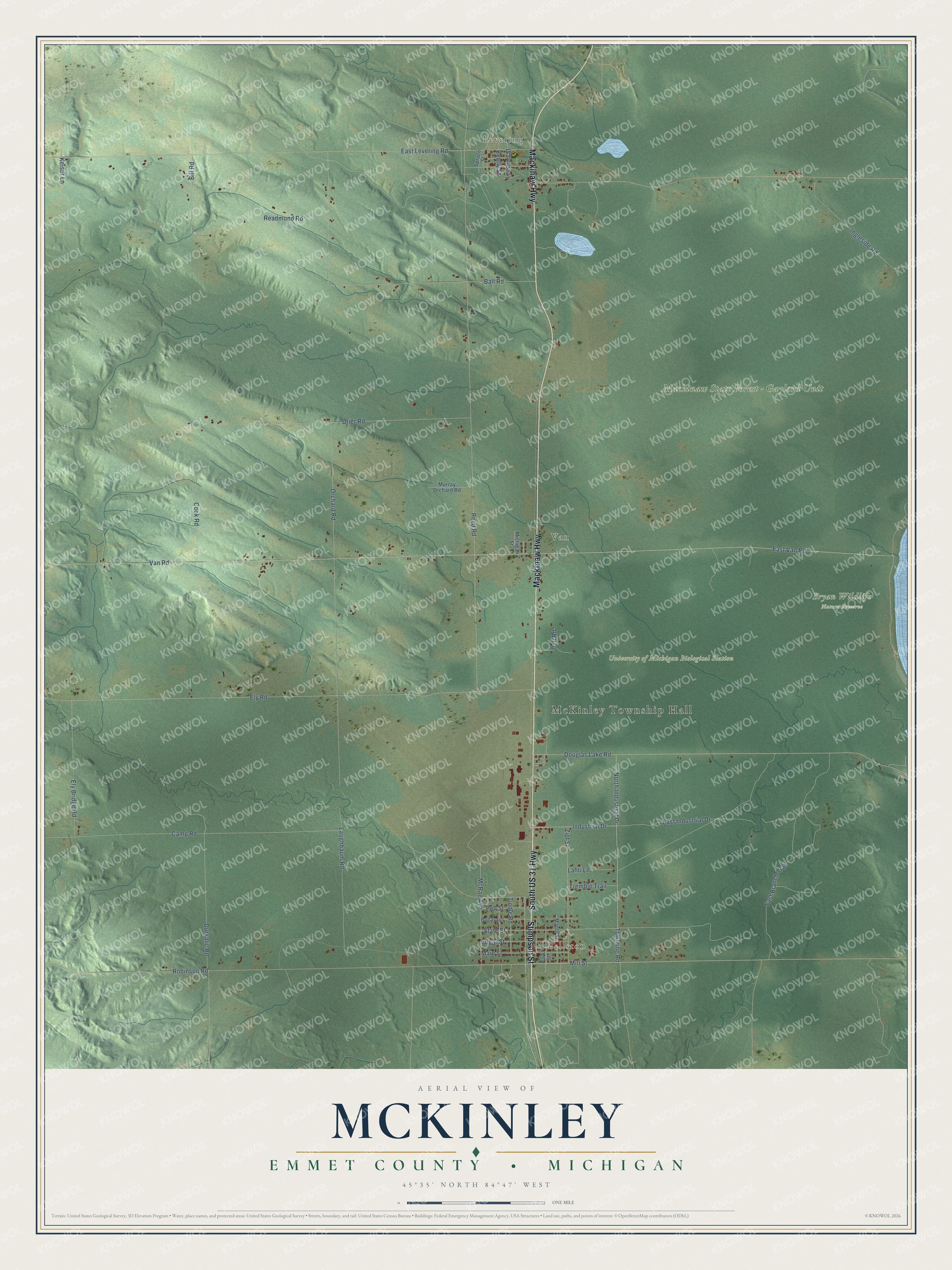 Full map of McKinley, Michigan, with red buildings, printed street names and the land around them