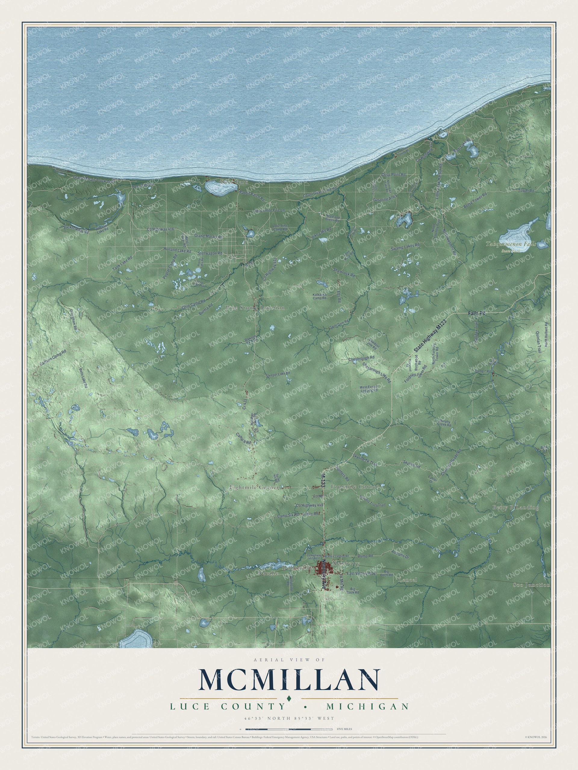 Full map of McMillan, Michigan, with red buildings, printed street names and the land around them