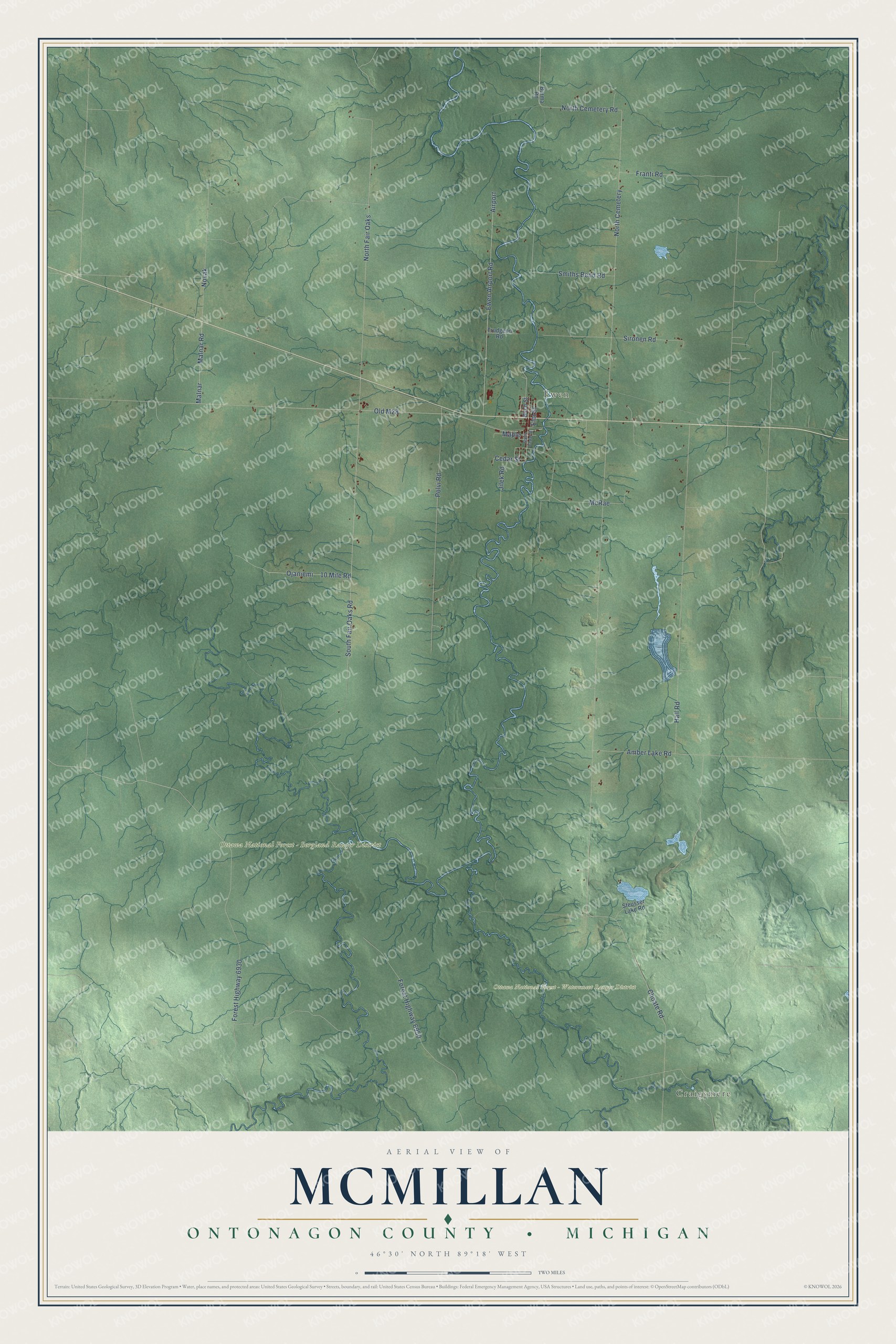 Full map of McMillan, Michigan, with red buildings, printed street names and the land around them