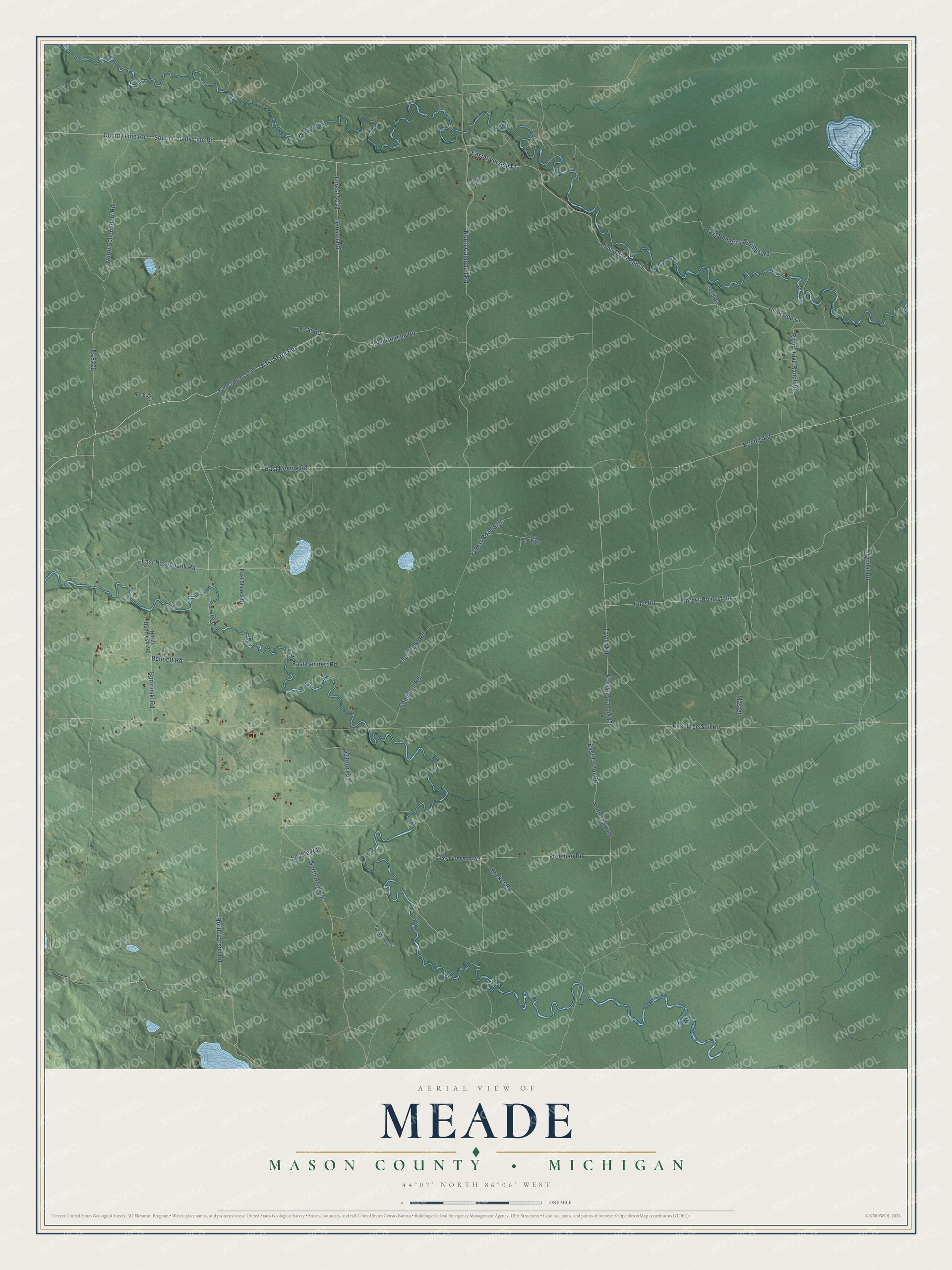 Full map of Meade, Michigan, with red buildings, printed street names and the land around them