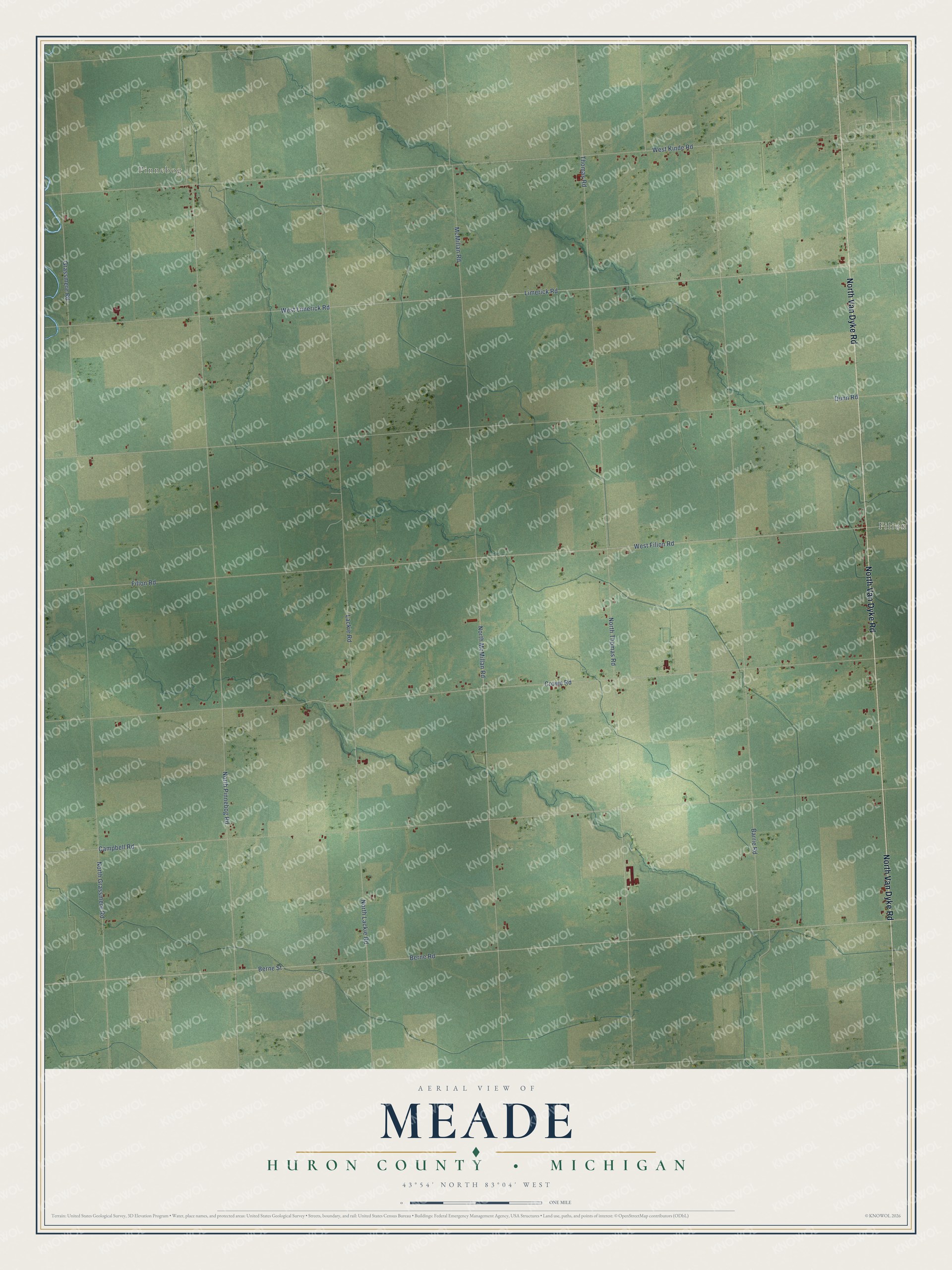 Full map of Meade, Michigan, with red buildings, printed street names and the land around them