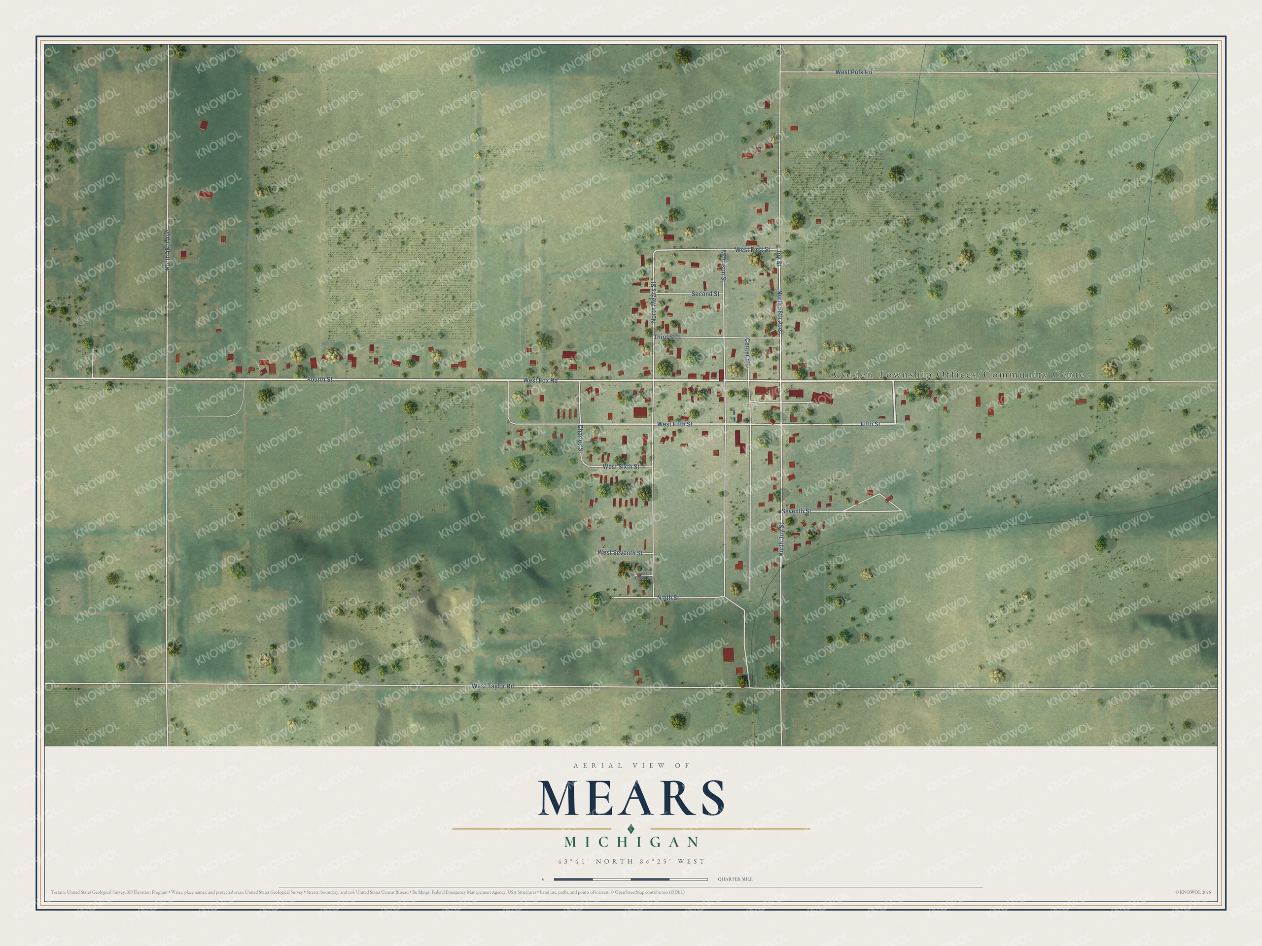 Full map of Mears, Michigan, with red buildings, printed street names and the land around them
