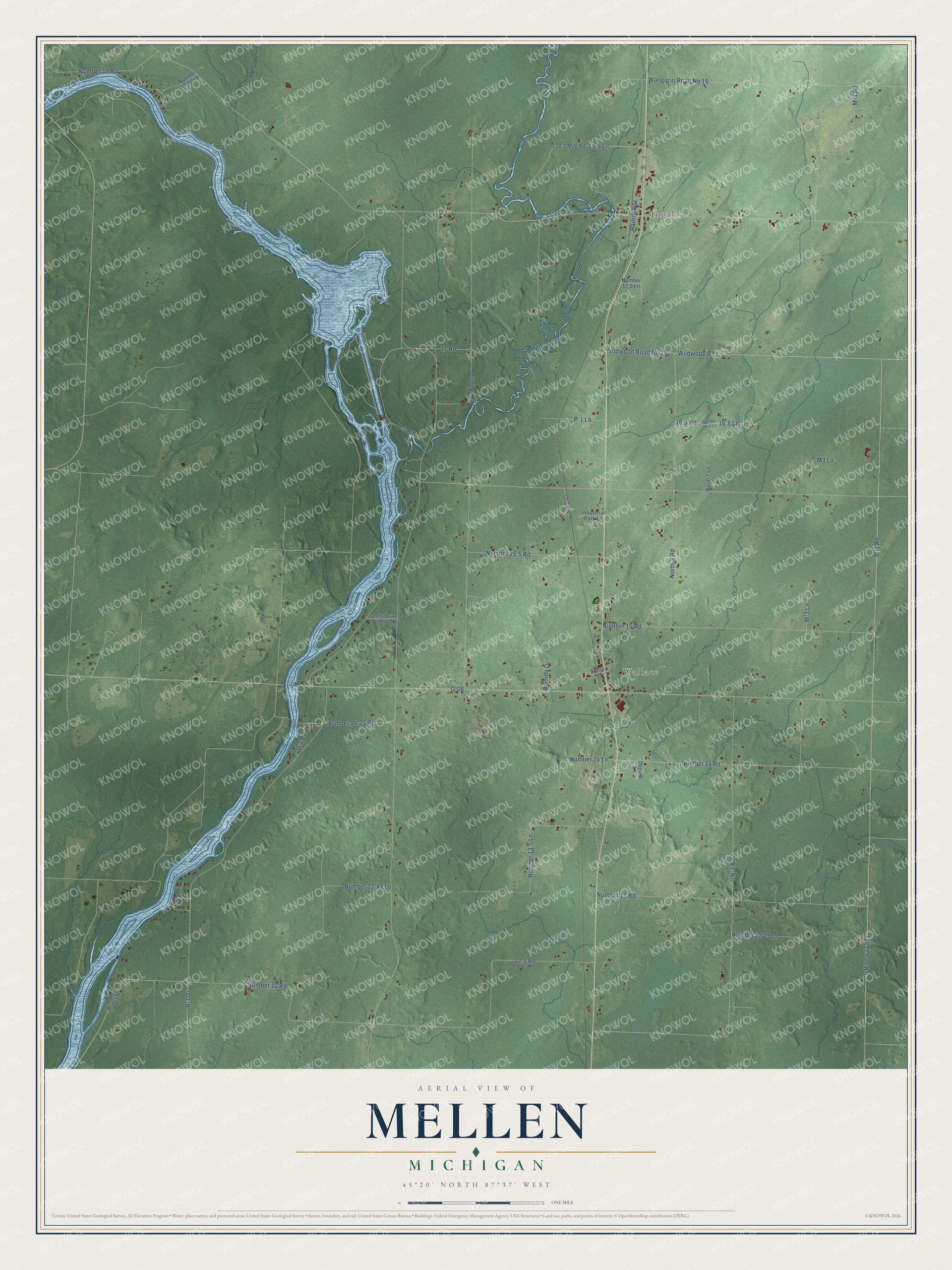 Full map of Mellen, Michigan, with red buildings, printed street names and the land around them