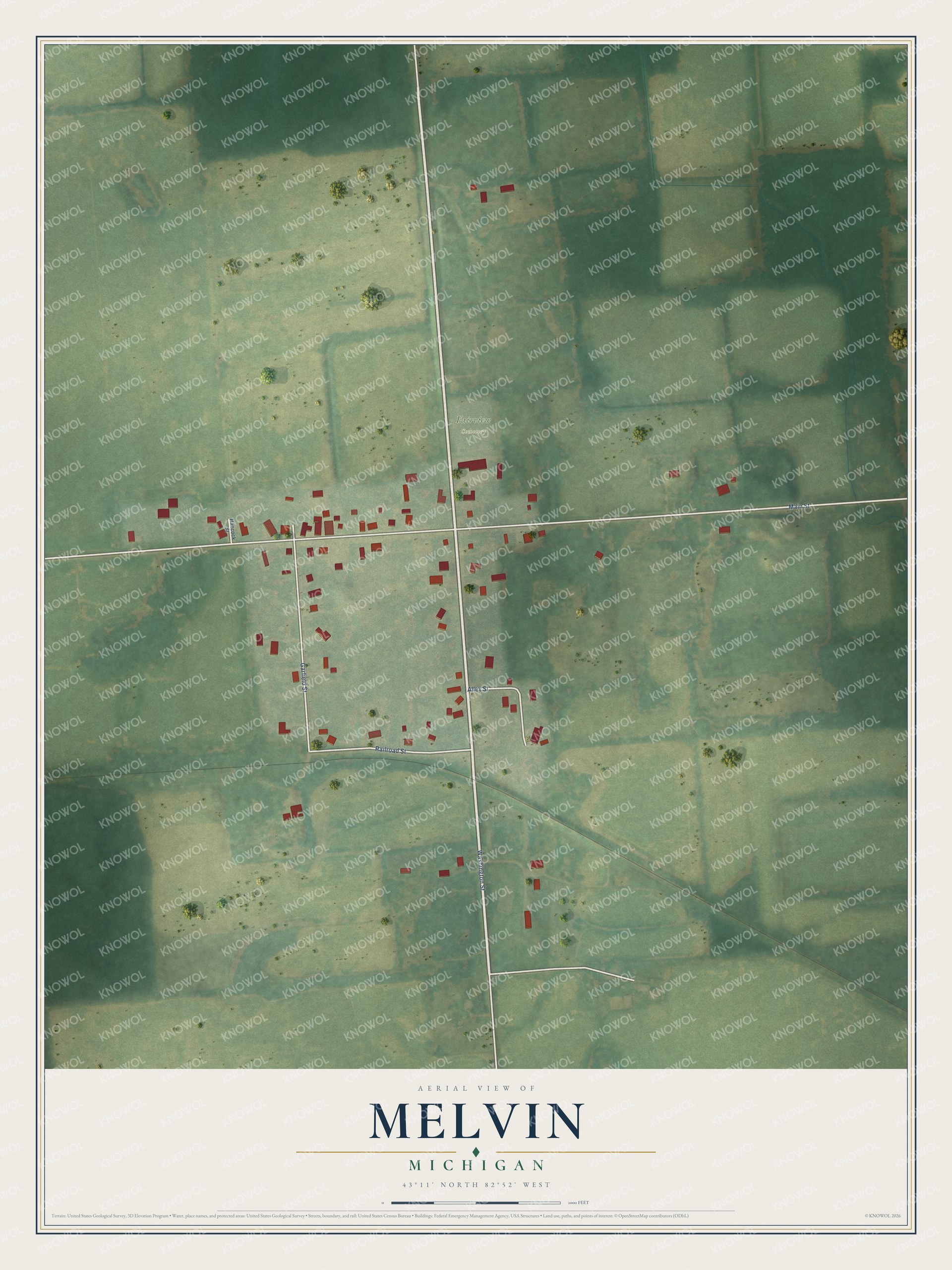 Full map of Melvin, Michigan, with red buildings, printed street names and the land around them