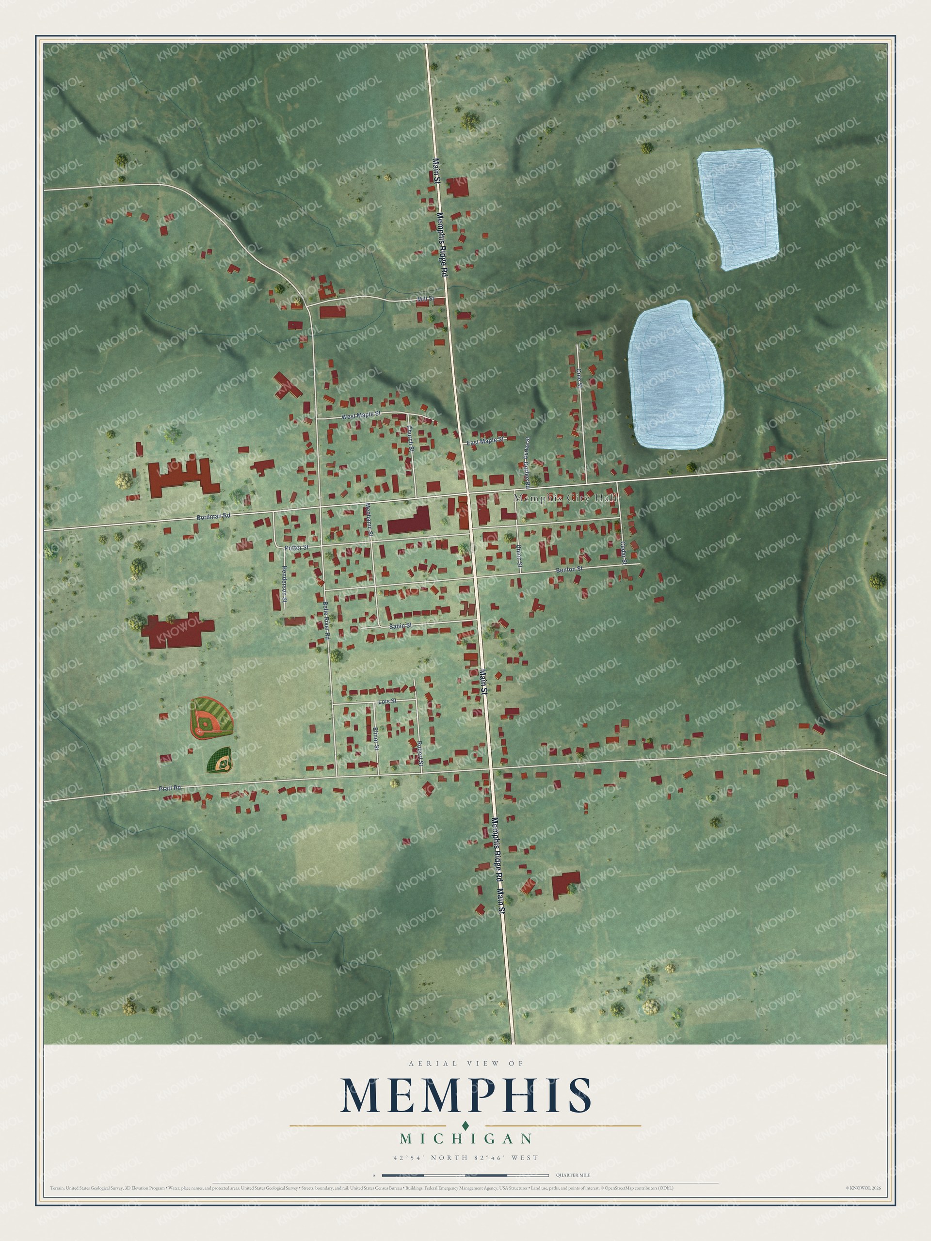 Full map of Memphis, Michigan, with red buildings, printed street names and the land around them
