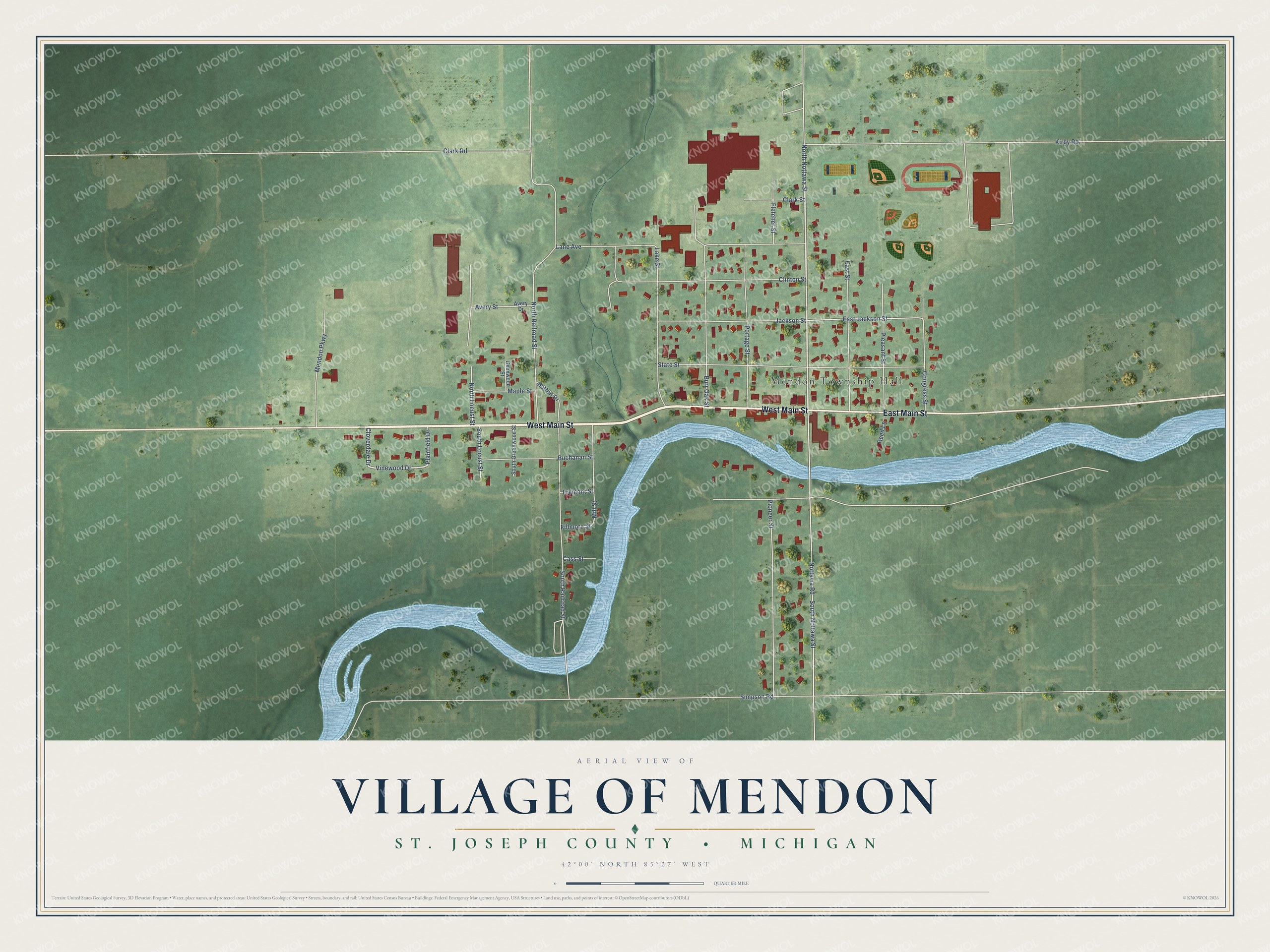 Full map of Mendon, Michigan, with red buildings, printed street names and the land around them