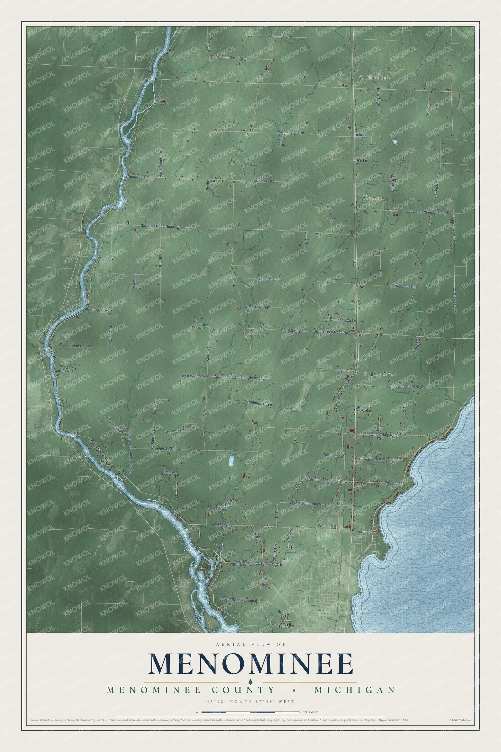 Full map of Menominee, Michigan, with red buildings, printed street names and the land around them