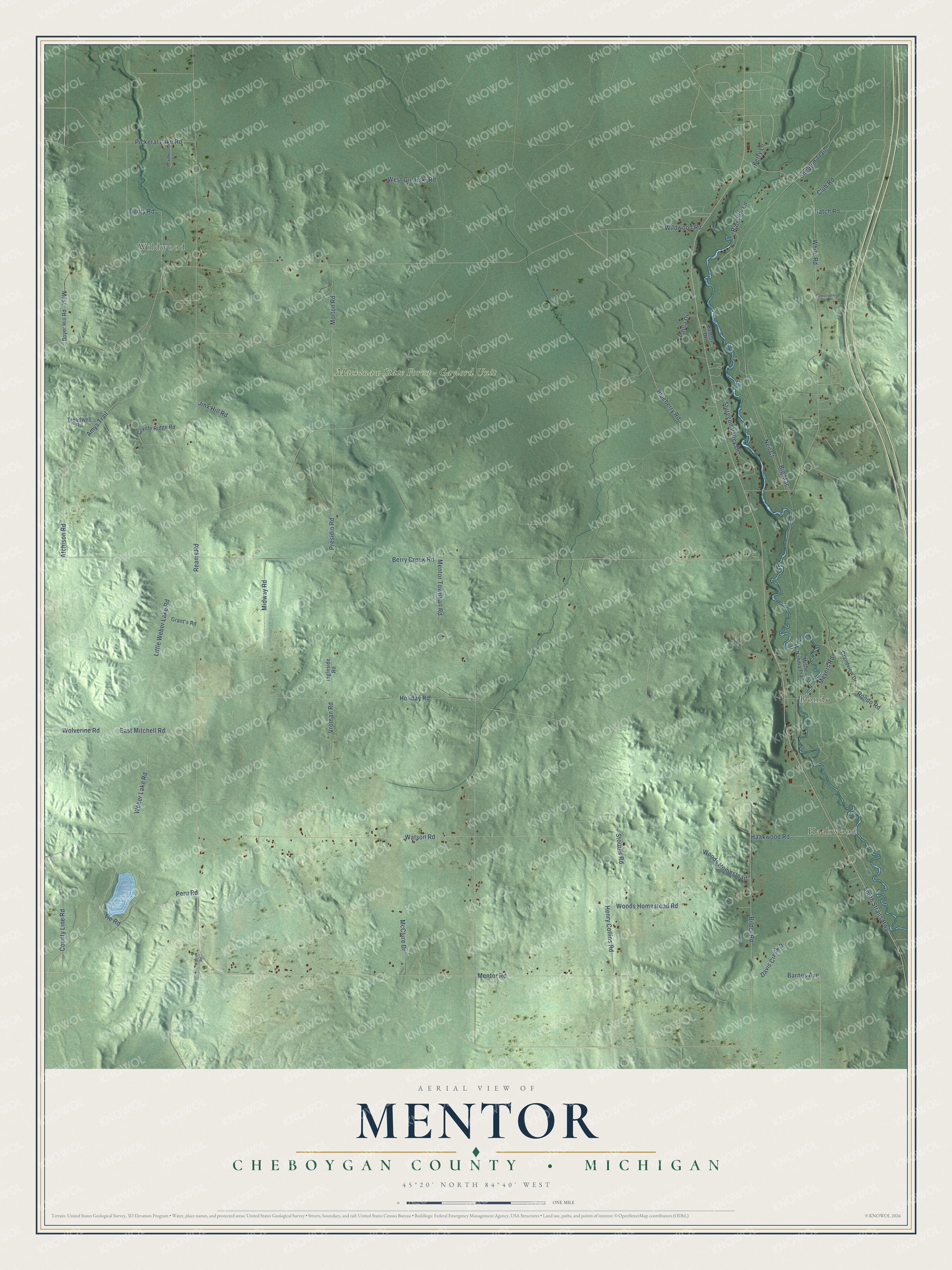 Full map of Mentor, Michigan, with red buildings, printed street names and the land around them
