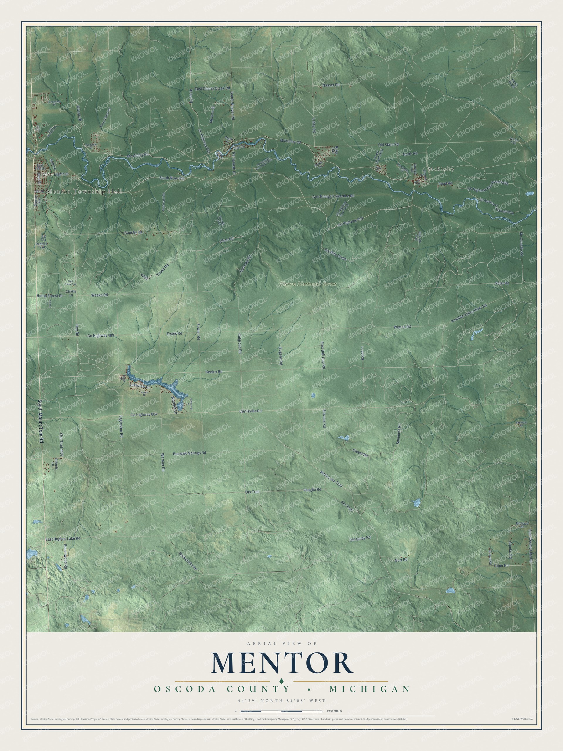 Full map of Mentor, Michigan, with red buildings, printed street names and the land around them