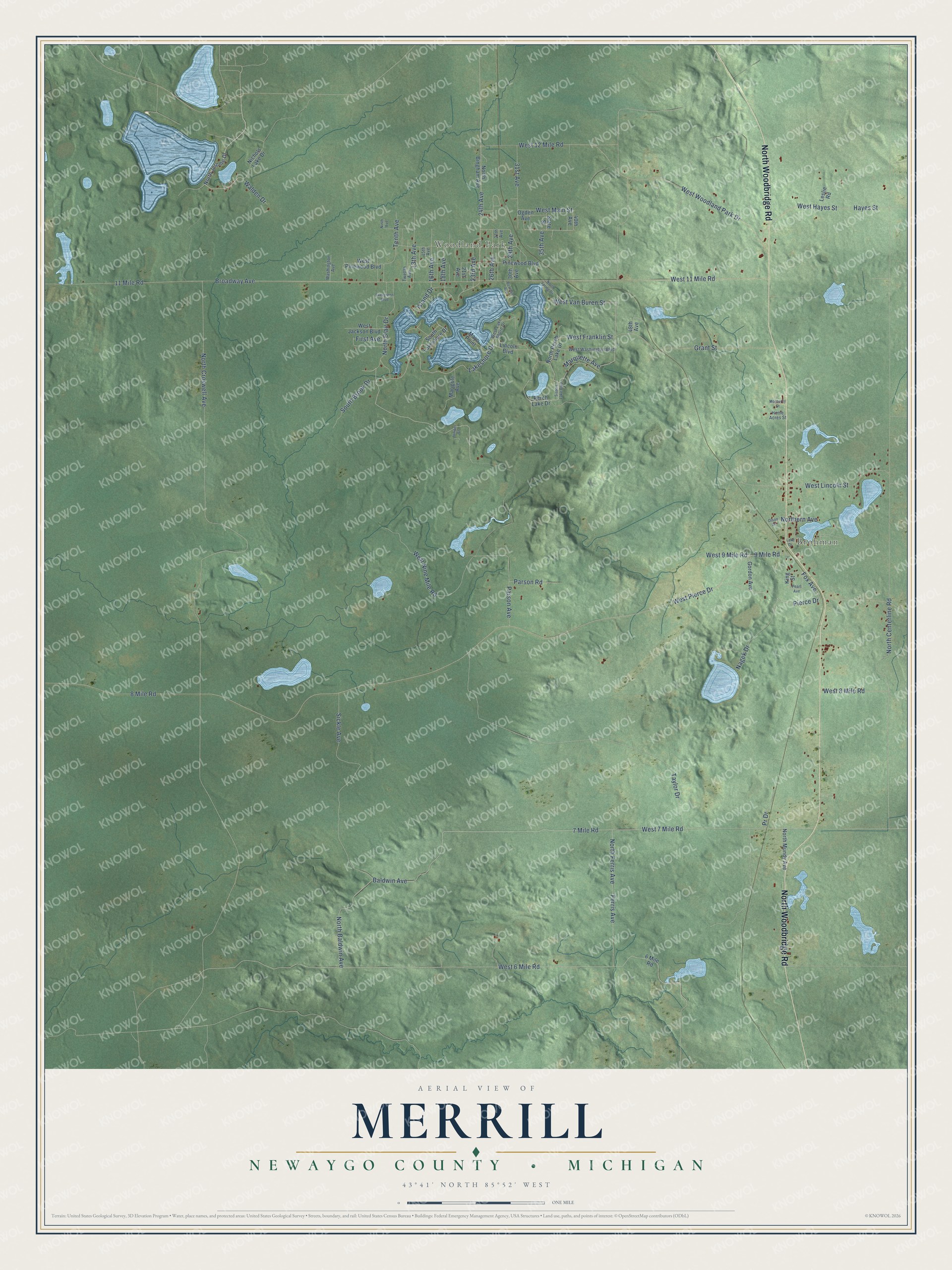 Full map of Merrill, Michigan, with red buildings, printed street names and the land around them
