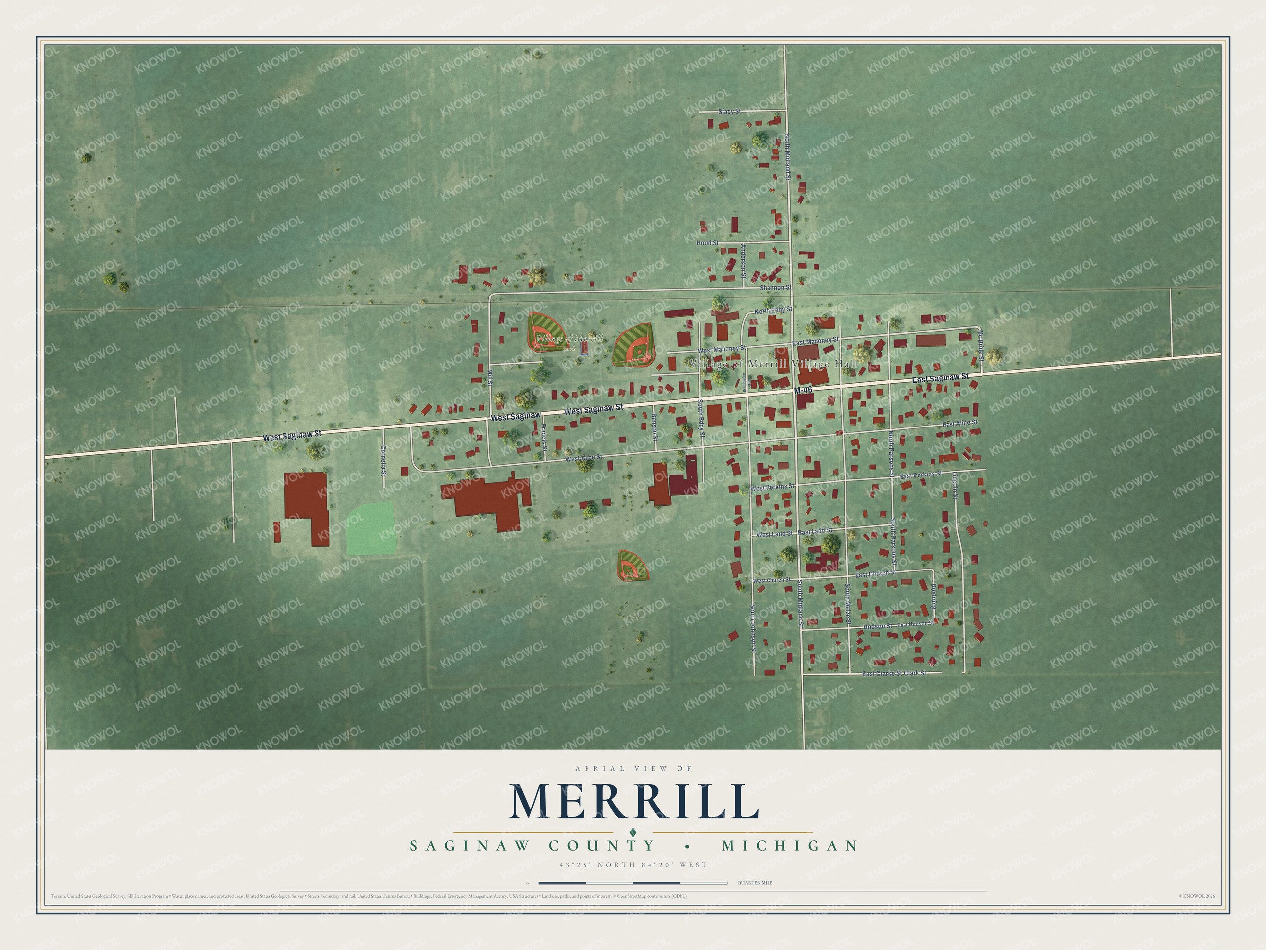Full map of Merrill, Michigan, with red buildings, printed street names and the land around them