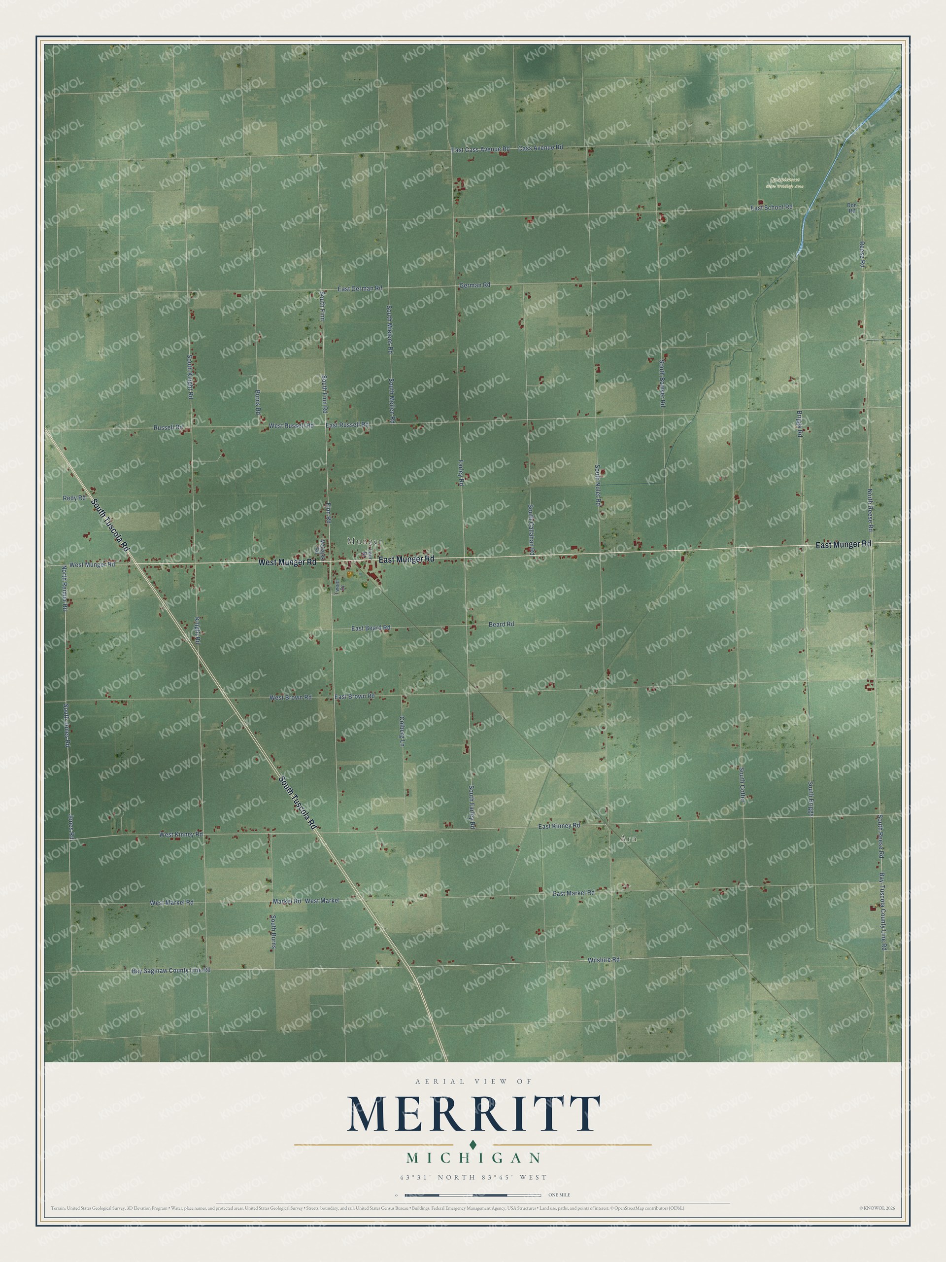Full map of Merritt, Michigan, with red buildings, printed street names and the land around them