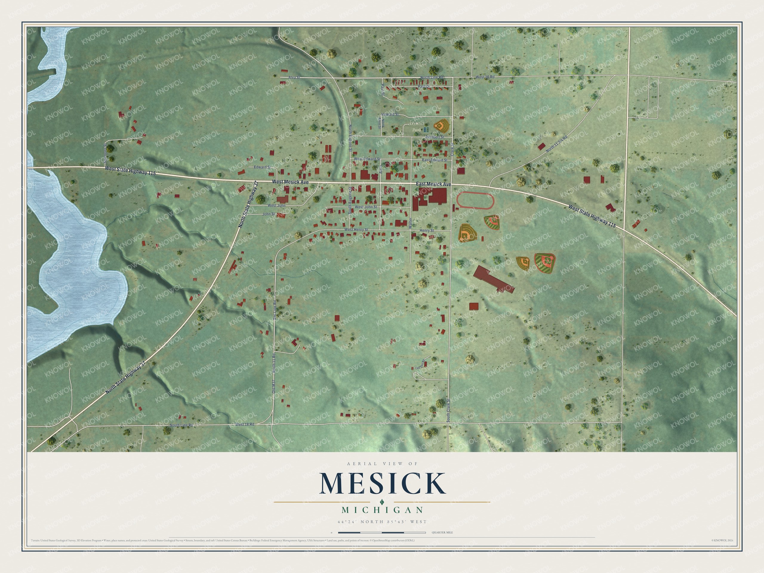 Full map of Mesick, Michigan, with red buildings, printed street names and the land around them