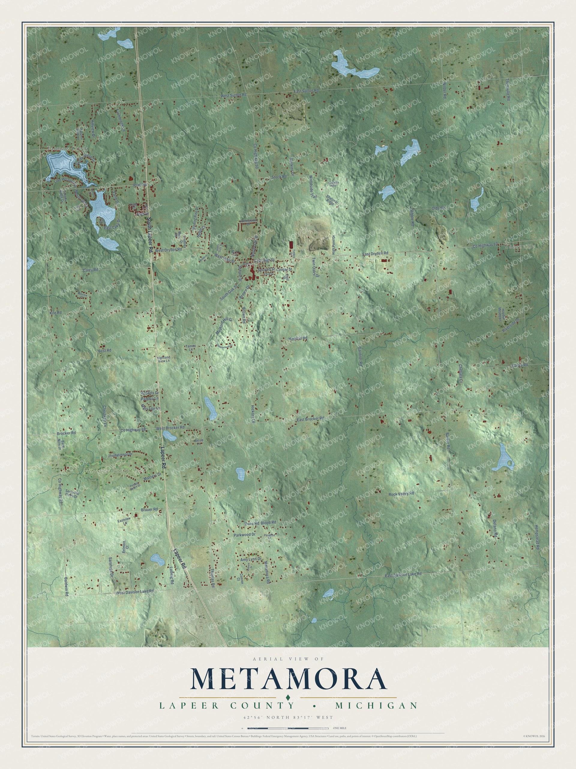 Full map of Metamora, Michigan, with red buildings, printed street names and the land around them