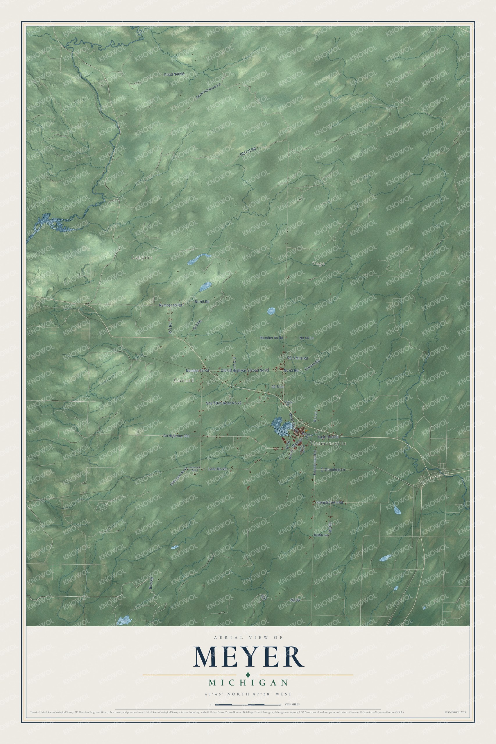 Full map of Meyer, Michigan, with red buildings, printed street names and the land around them