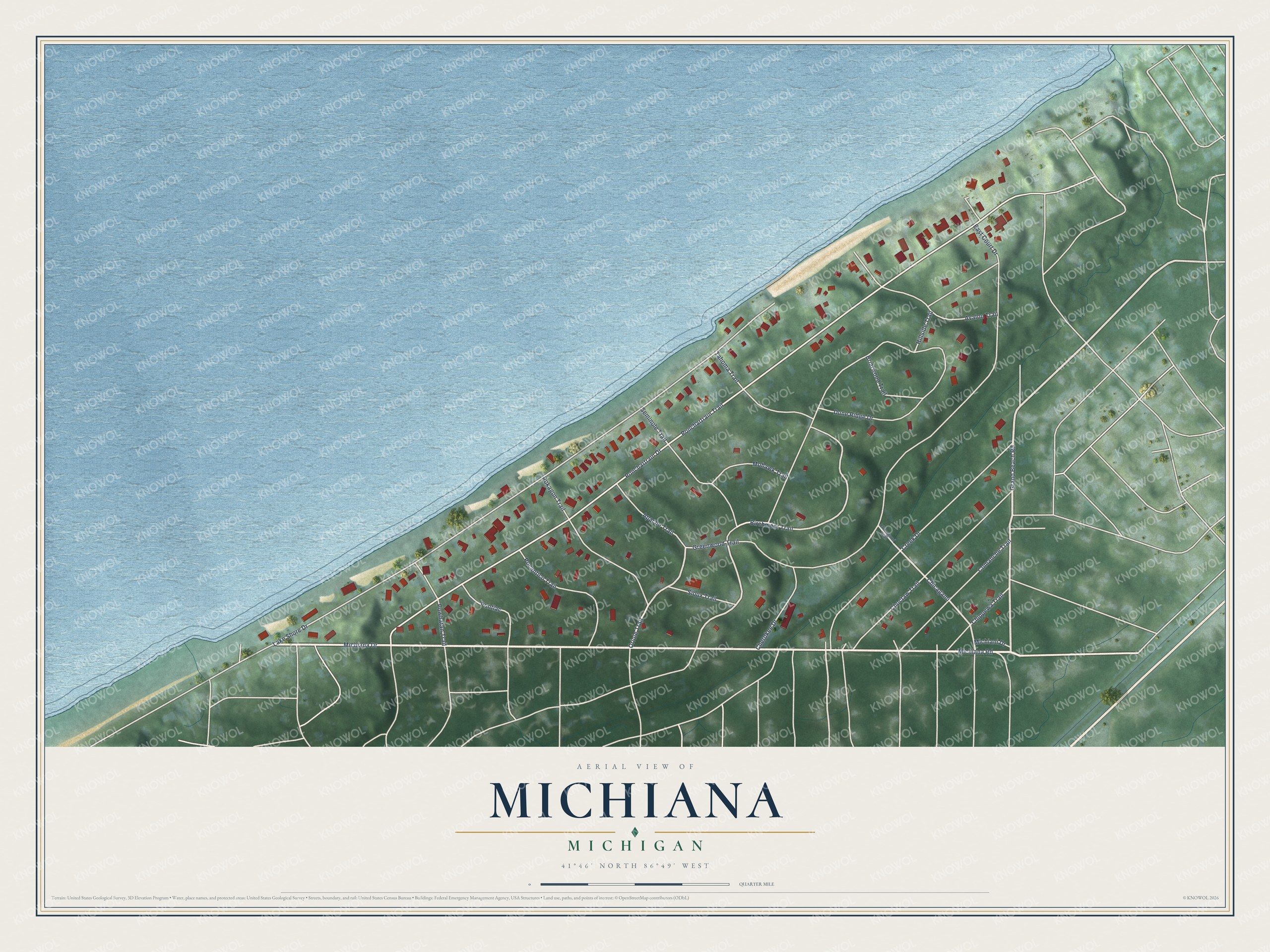 Full map of Michiana, Michigan, with red buildings, printed street names and the land around them