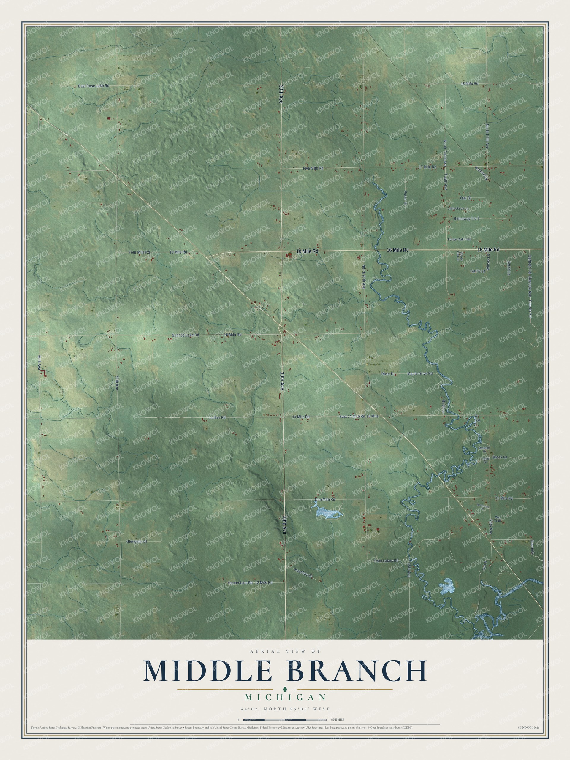Full map of Middle Branch, Michigan, with red buildings, printed street names and the land around them