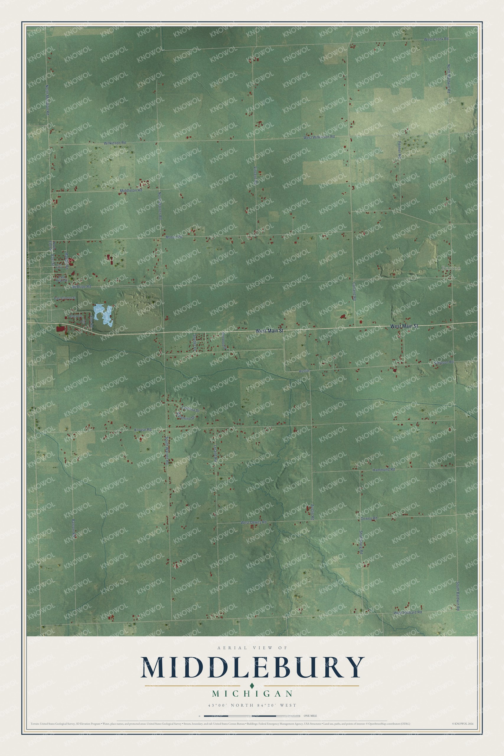 Full map of Middlebury, Michigan, with red buildings, printed street names and the land around them