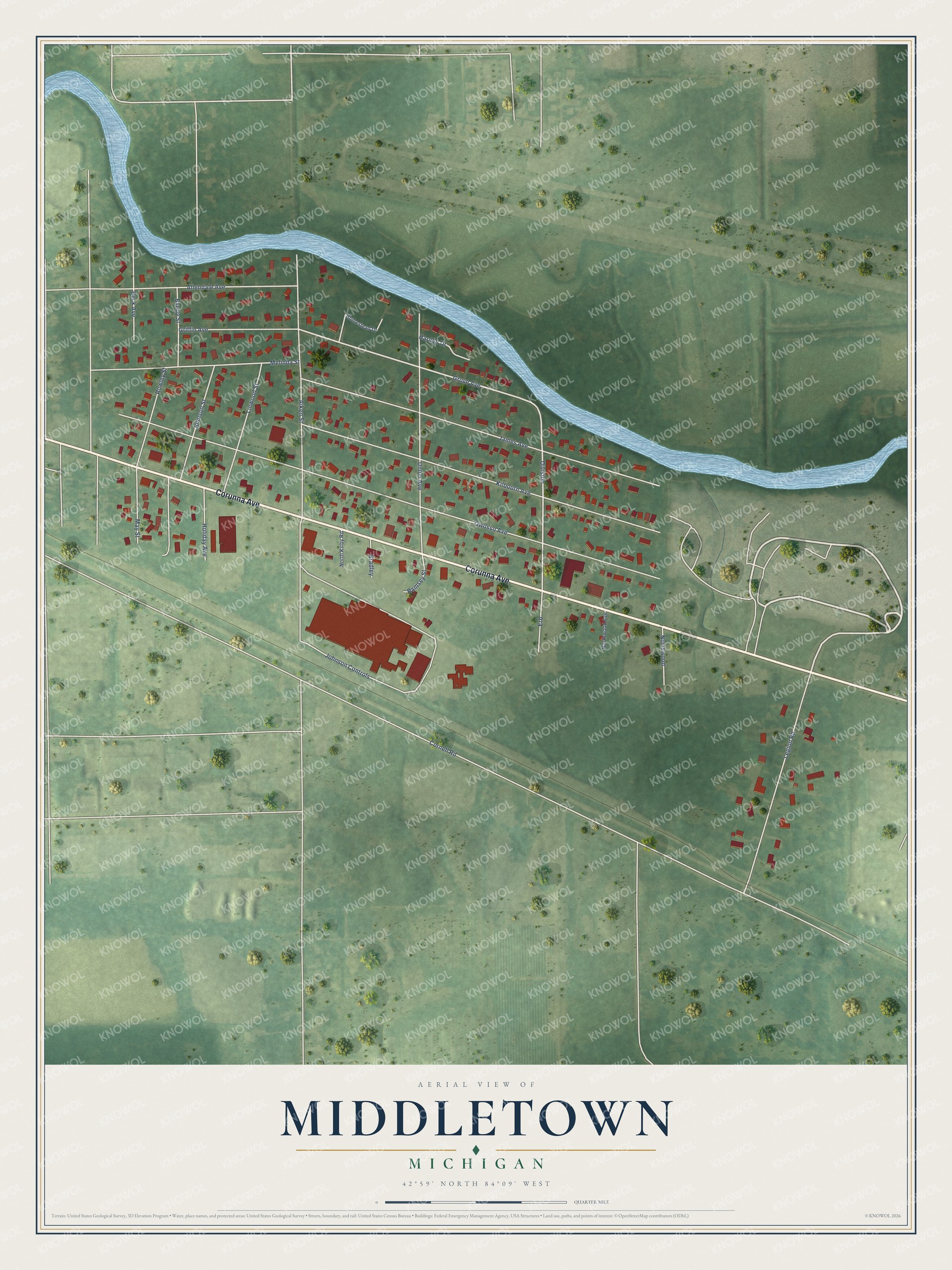 Full map of Middletown, Michigan, with red buildings, printed street names and the land around them