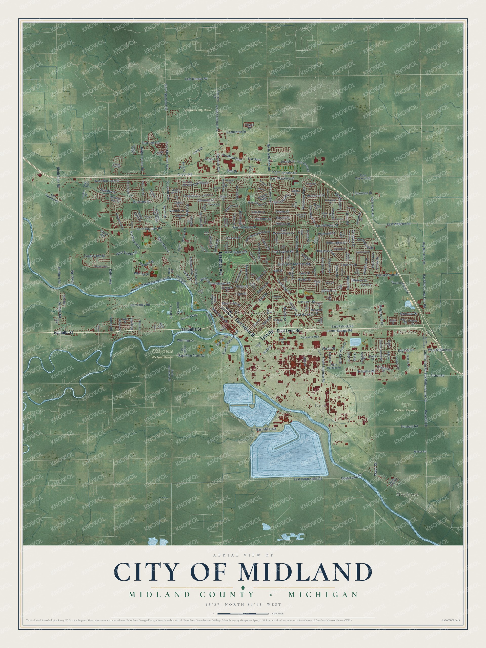 Full map of Midland, Michigan, with red buildings, printed street names and the land around them