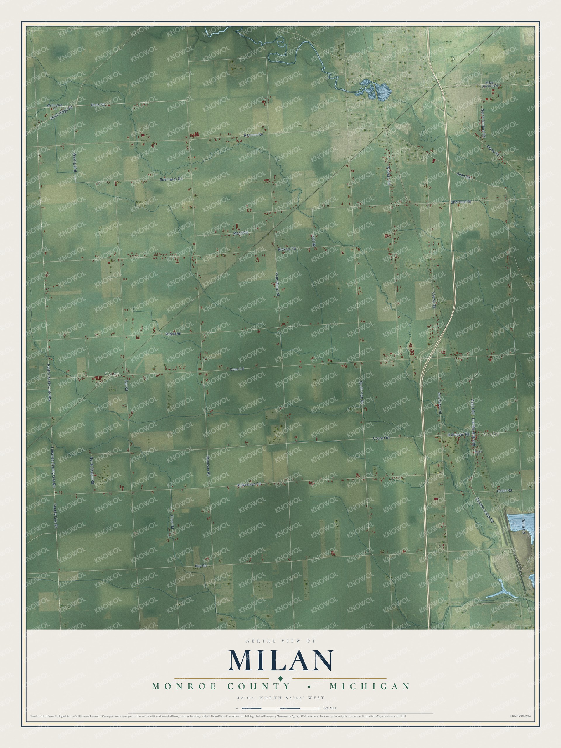 Full map of Milan, Michigan, with red buildings, printed street names and the land around them