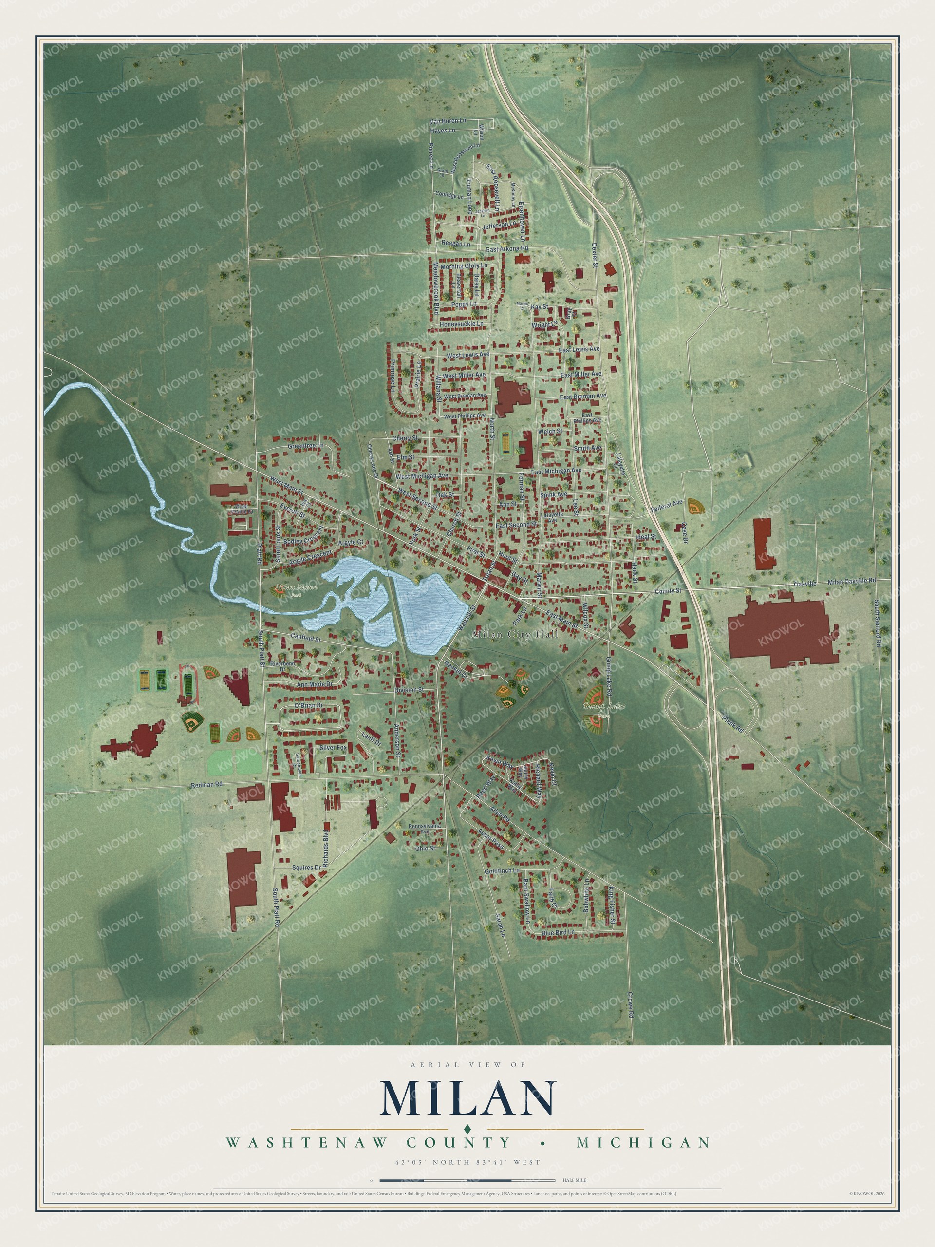 Full map of Milan, Michigan, with red buildings, printed street names and the land around them