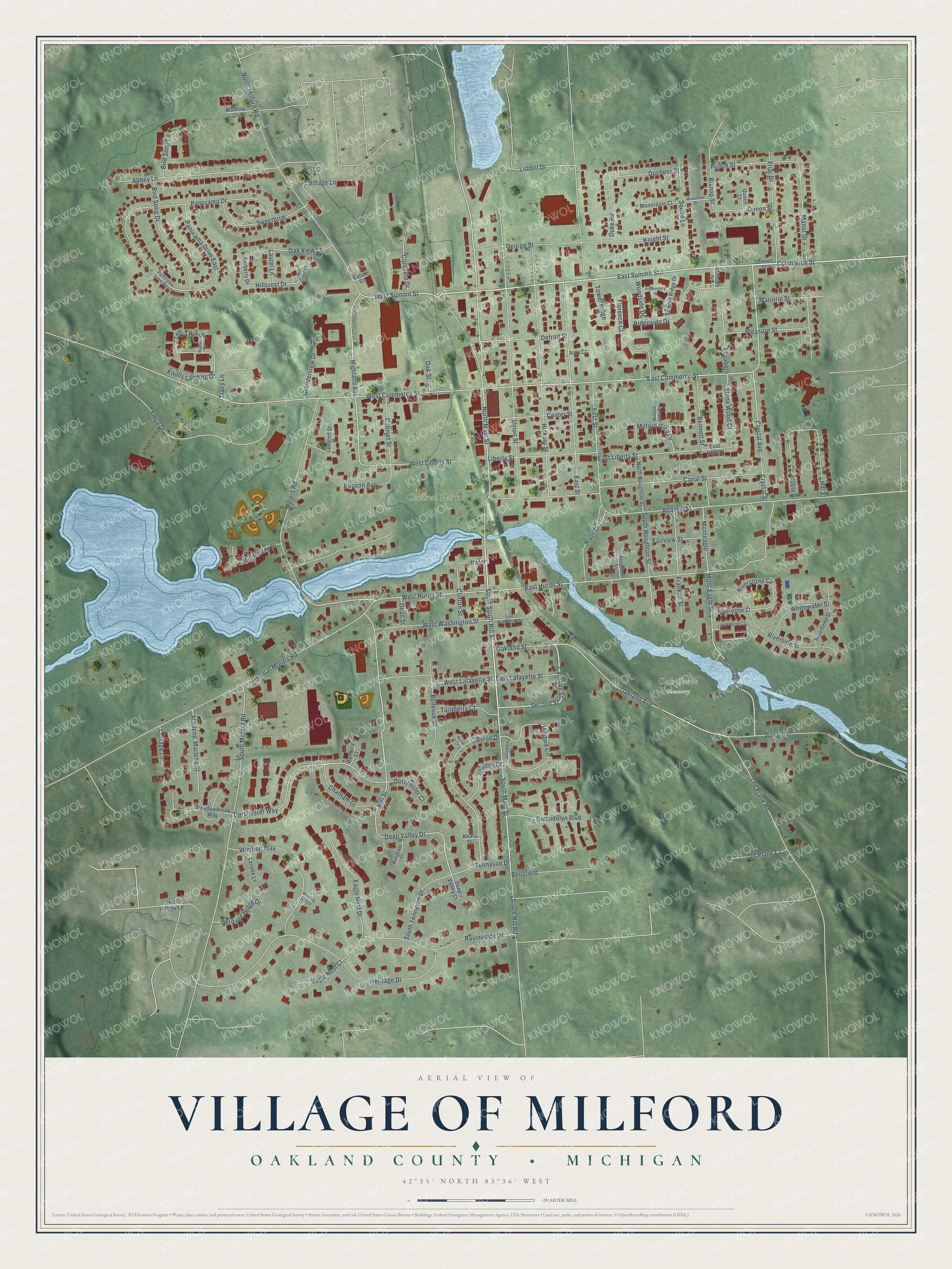 Full map of Milford, Michigan, with red buildings, printed street names and the land around them