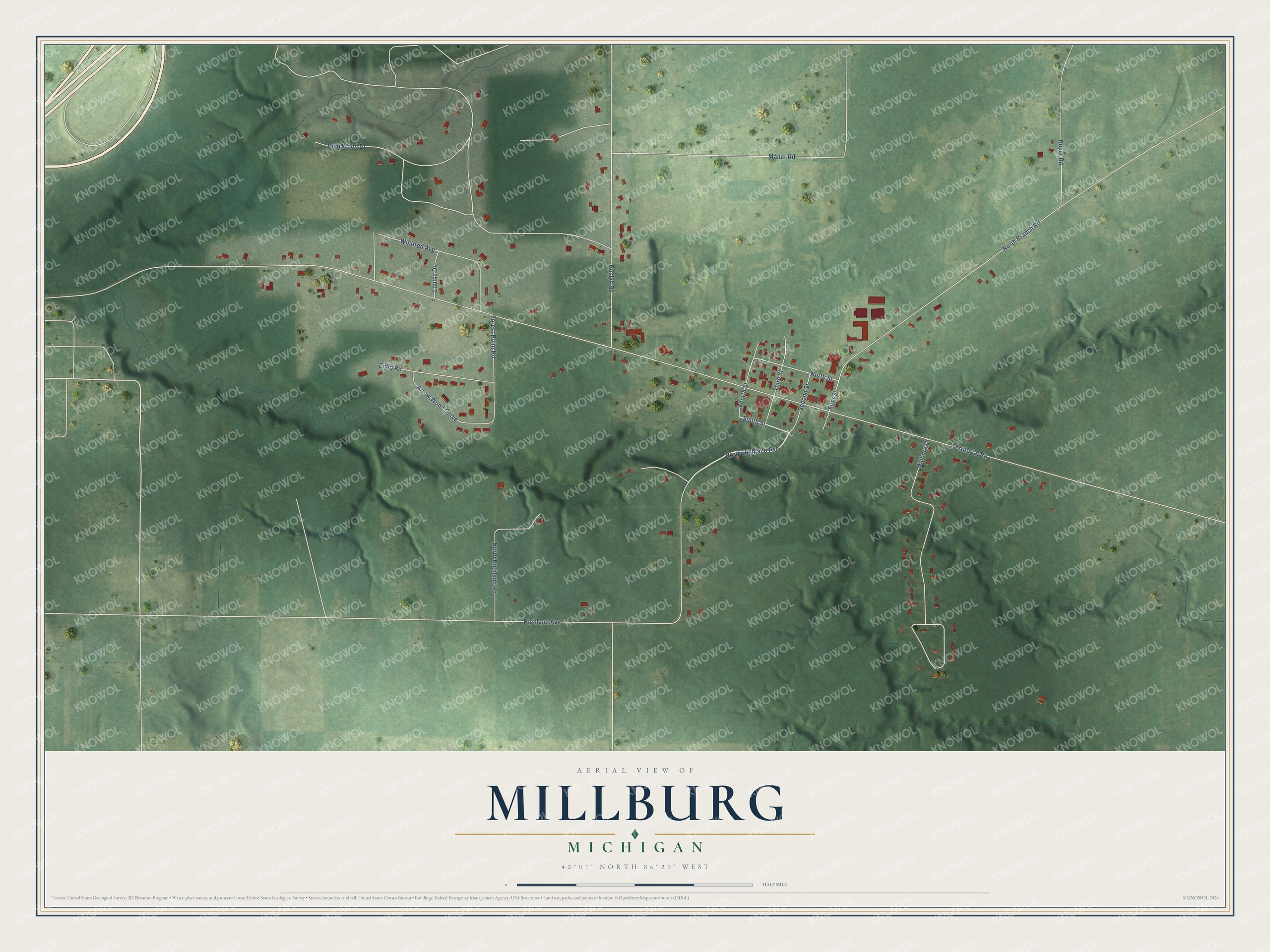 Full map of Millburg, Michigan, with red buildings, printed street names and the land around them