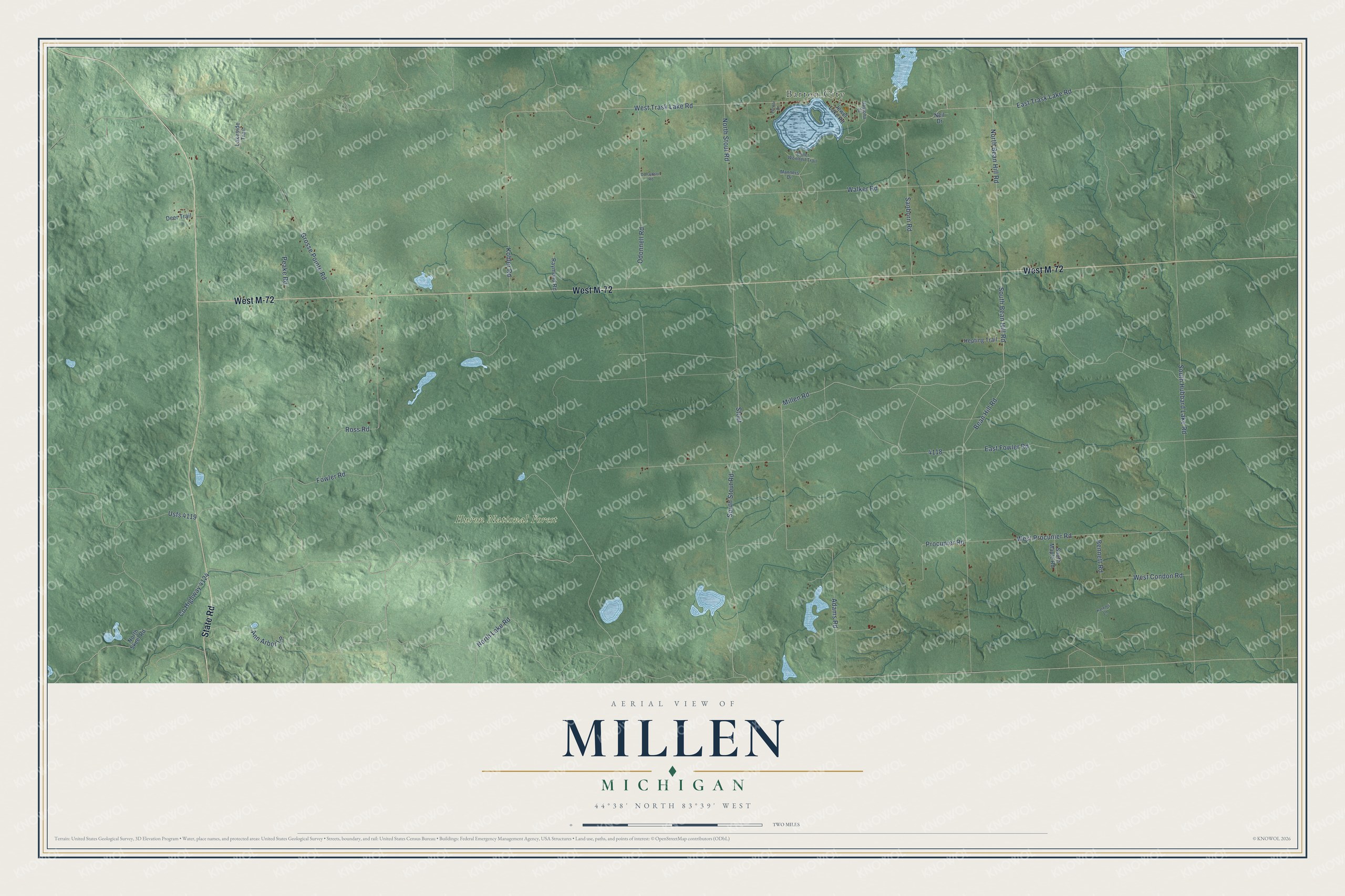 Full map of Millen, Michigan, with red buildings, printed street names and the land around them