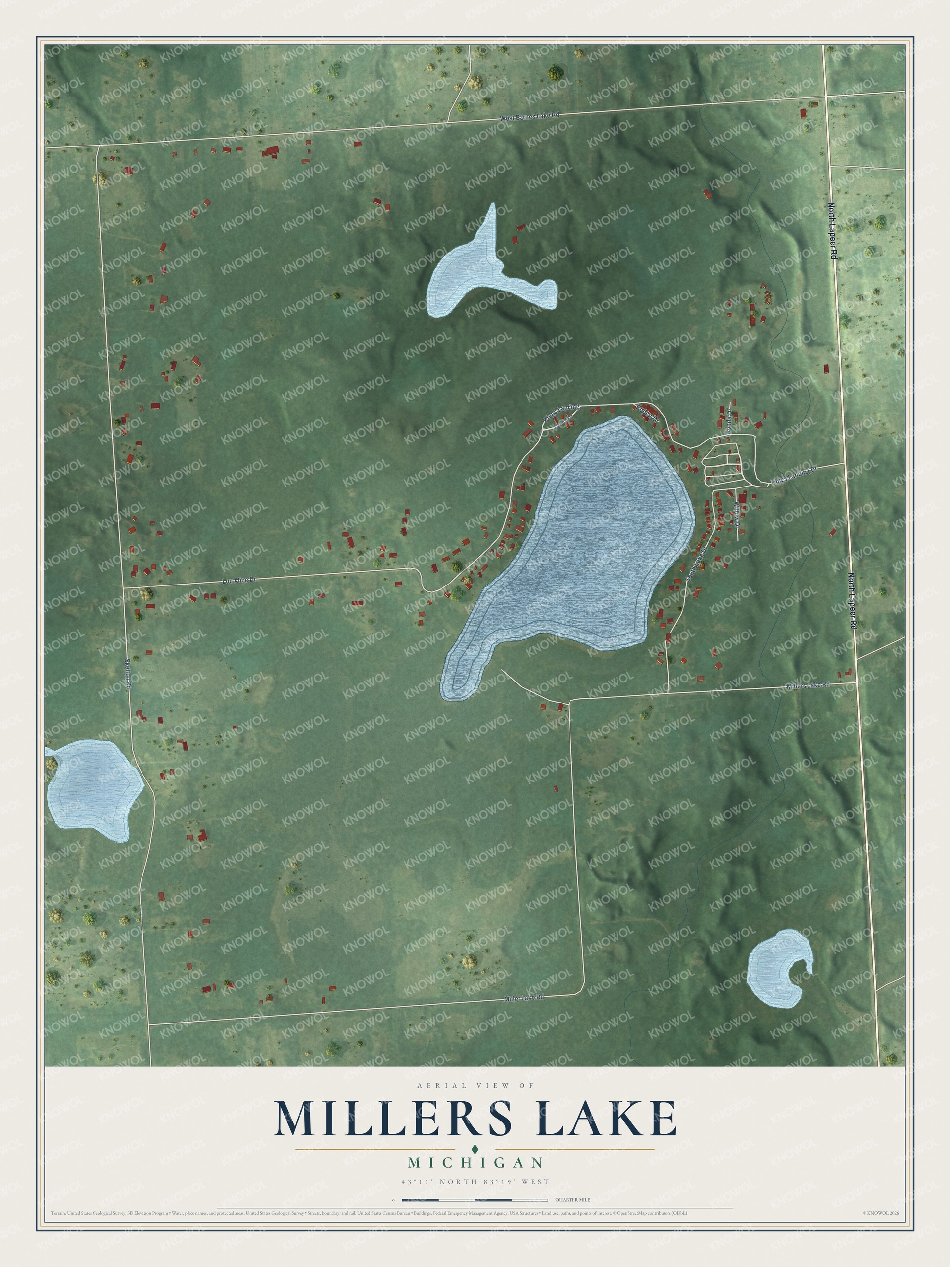 Full map of Millers Lake, Michigan, with red buildings, printed street names and the land around them