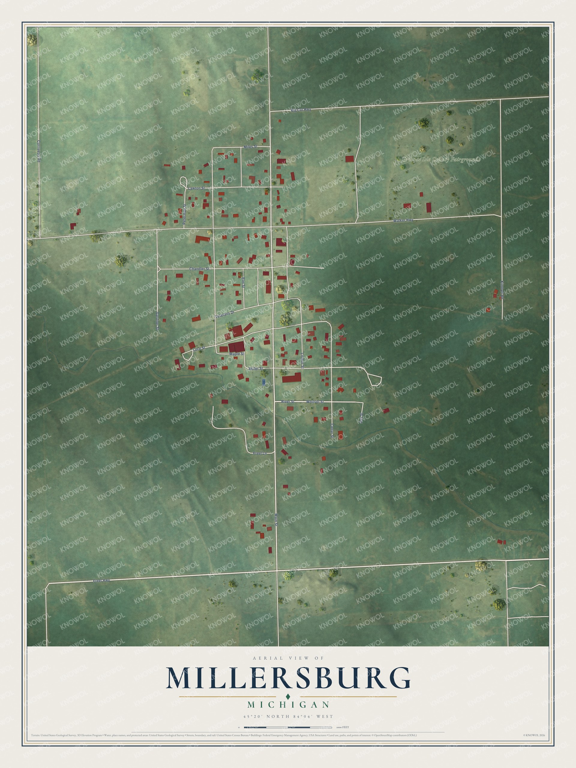 Full map of Millersburg, Michigan, with red buildings, printed street names and the land around them
