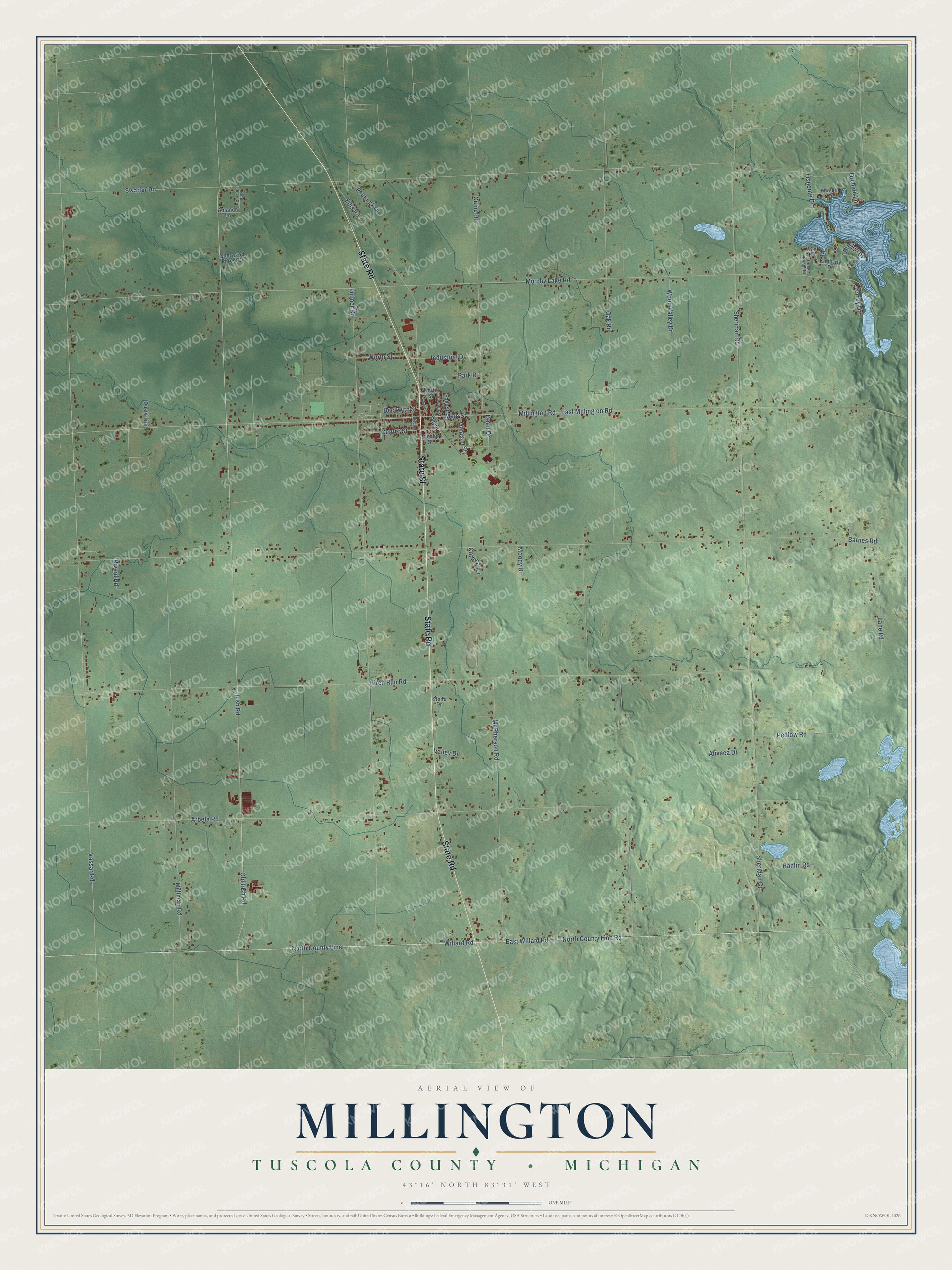 Full map of Millington, Michigan, with red buildings, printed street names and the land around them