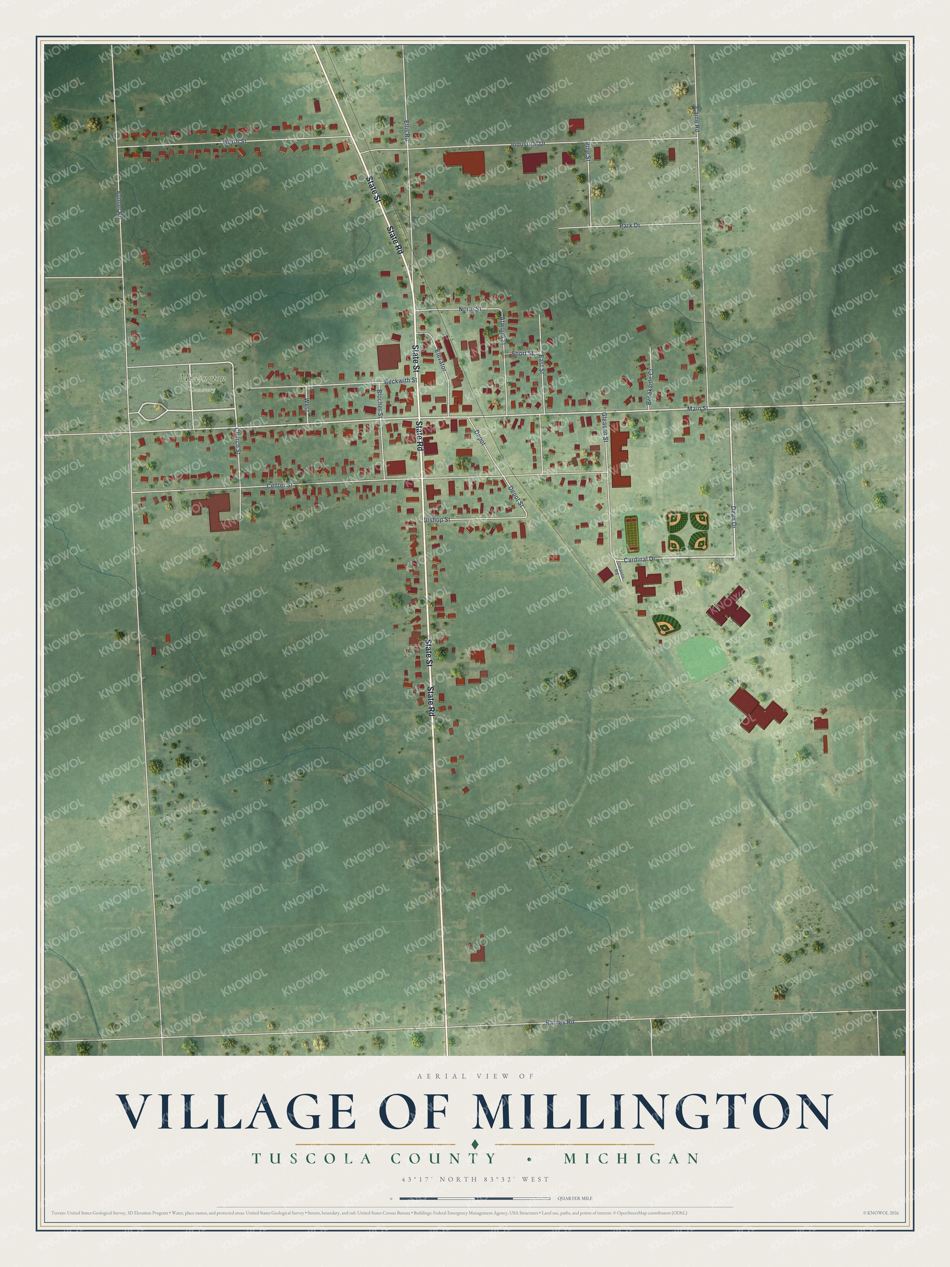 Full map of Millington, Michigan, with red buildings, printed street names and the land around them