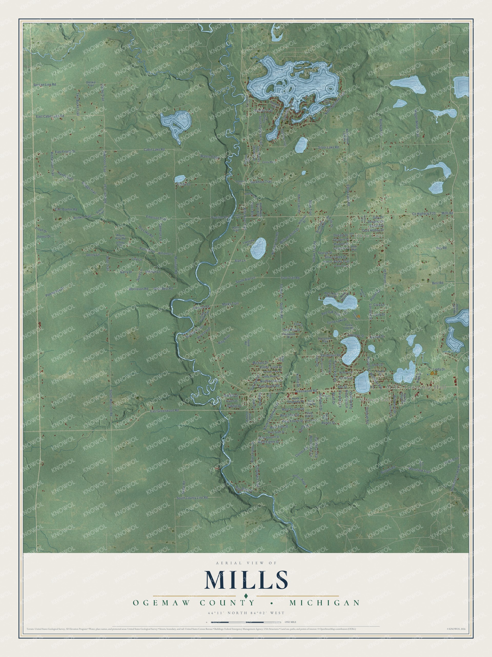 Full map of Mills, Michigan, with red buildings, printed street names and the land around them