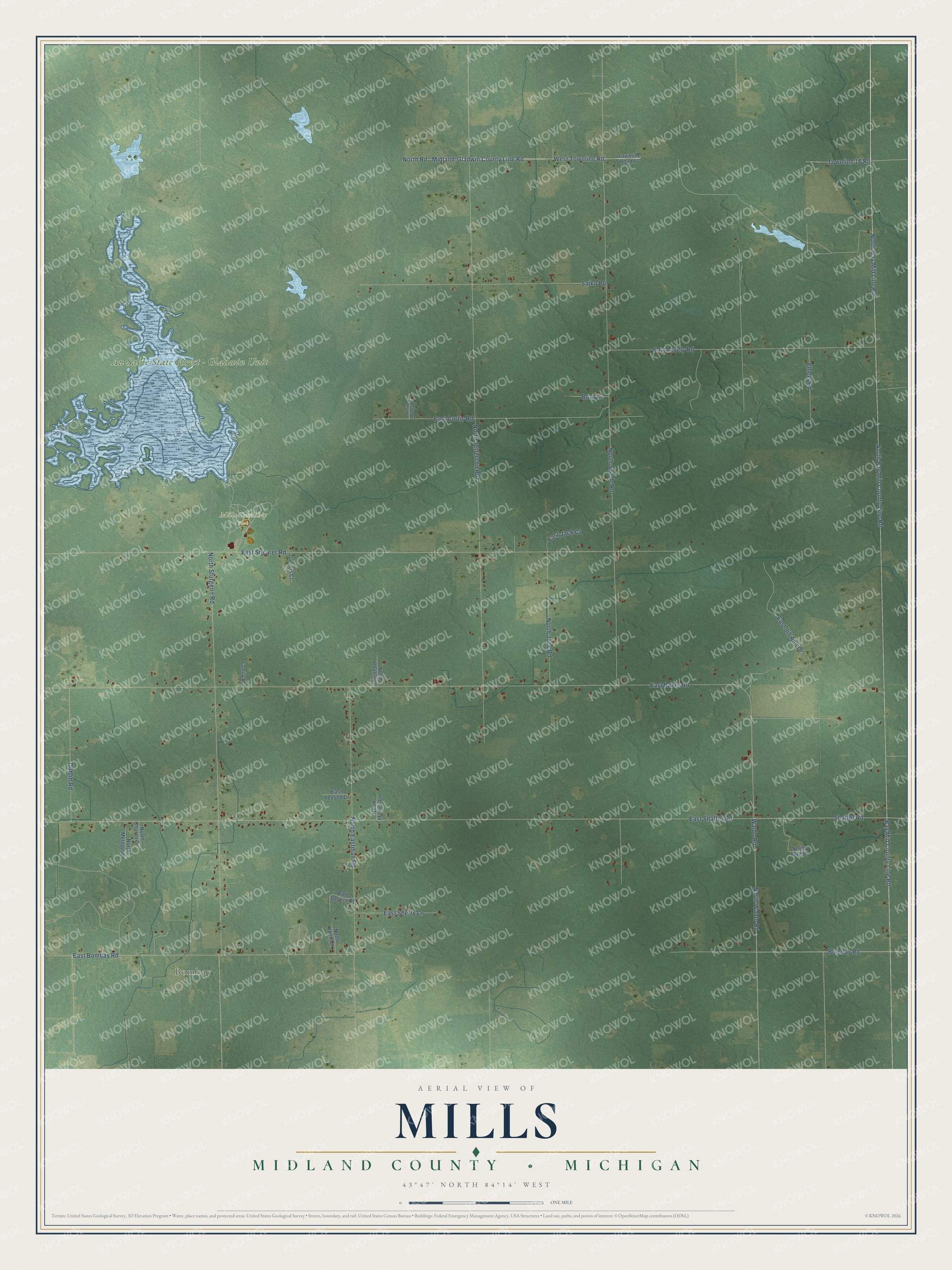 Full map of Mills, Michigan, with red buildings, printed street names and the land around them